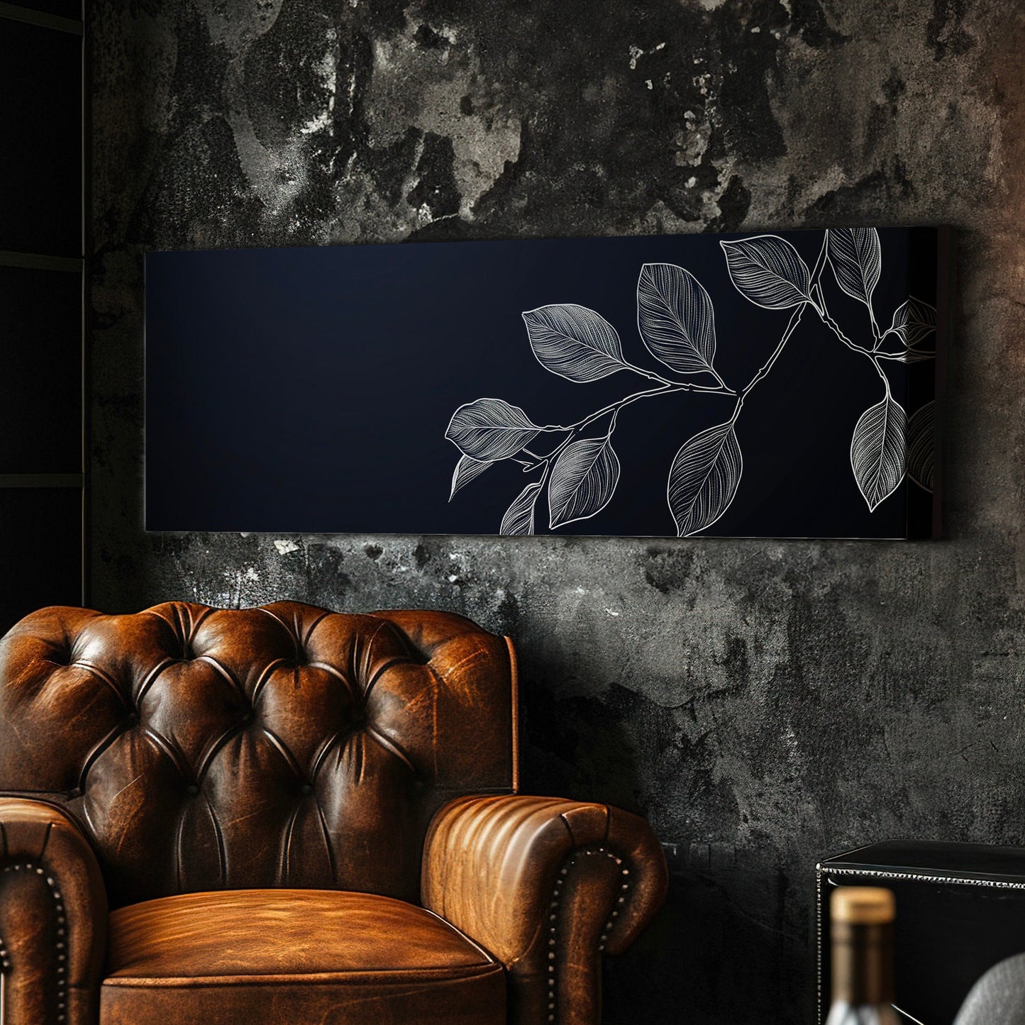Eucalyptus Branch Above Bed Wall Art Stencil Linocut, Panoramic Botanical Canvas Print, Farmhouse Long Horizontal Canvas Art