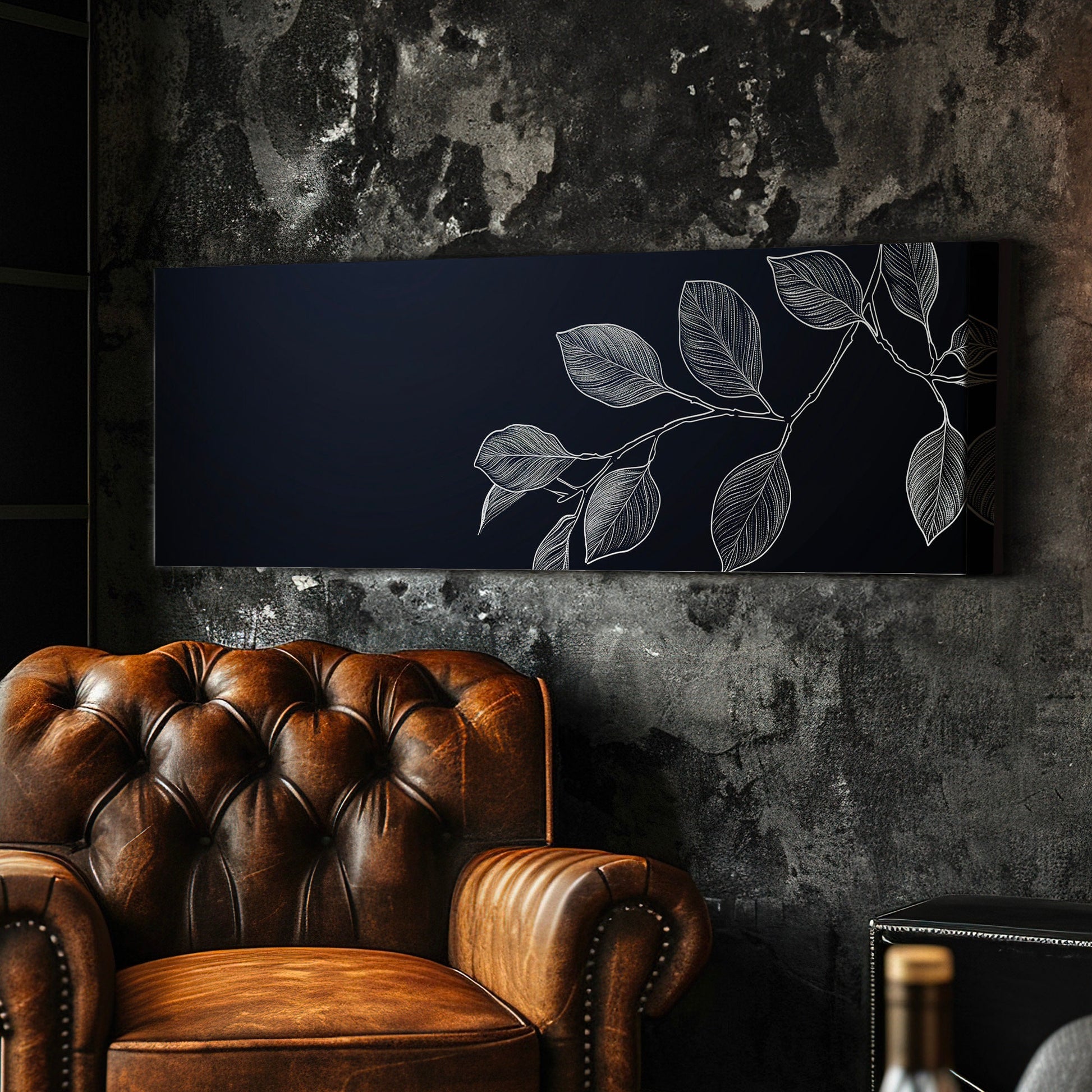Eucalyptus Branch Above Bed Wall Art Stencil Linocut, Panoramic Botanical Canvas Print, Farmhouse Long Horizontal Canvas Art