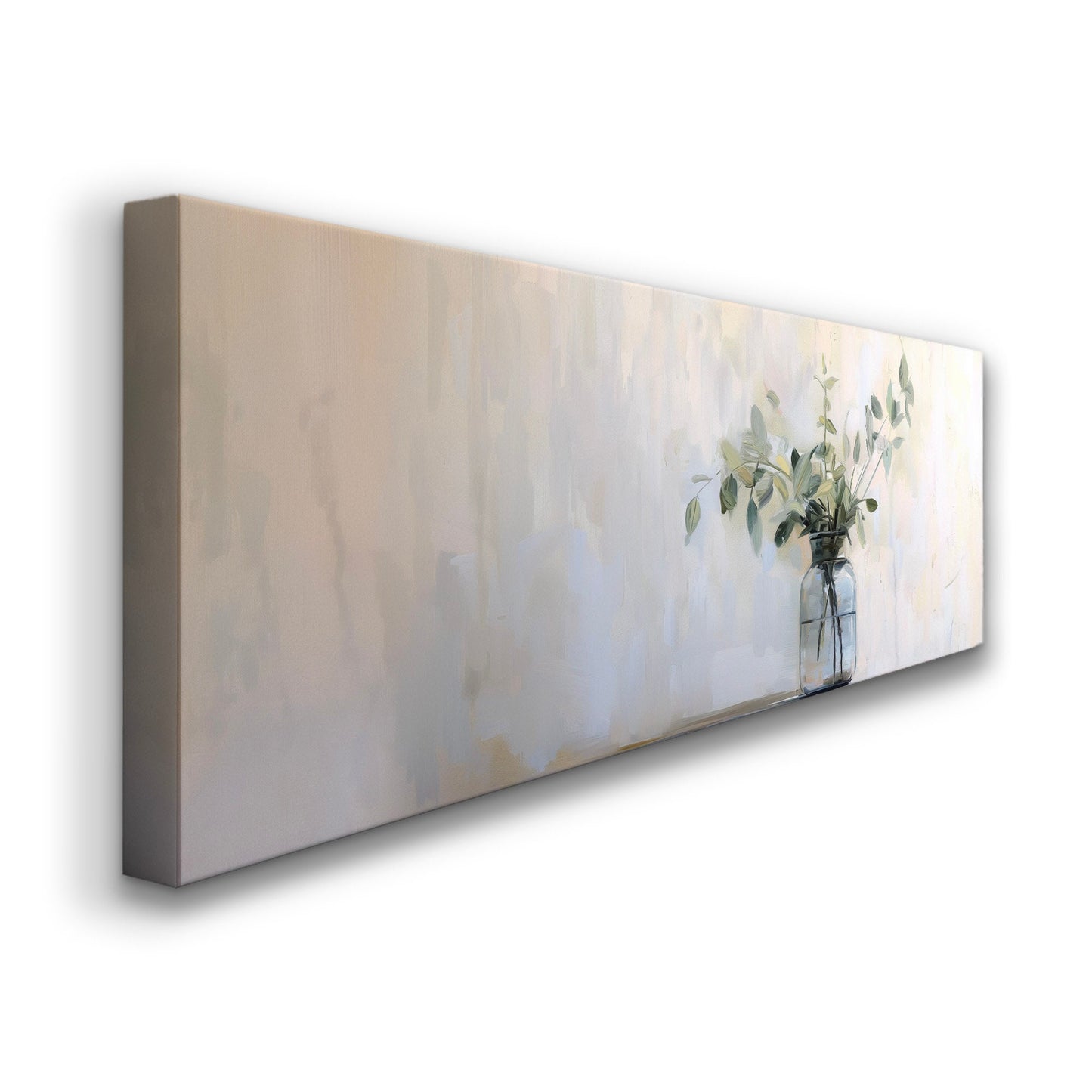 Eucalyptus Branch Above Bed Wall Art Still Life, Panoramic Botanical Canvas Print, Farmhouse Long Horizontal Canvas Art