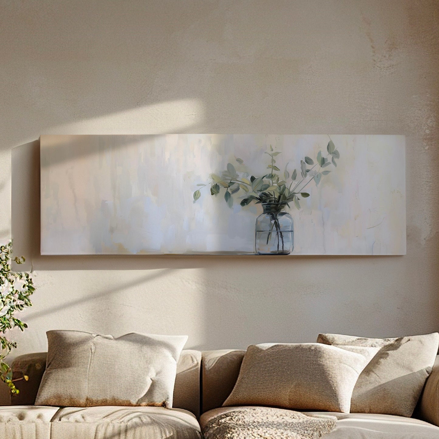 Eucalyptus Branch Above Bed Wall Art Still Life, Panoramic Botanical Canvas Print, Farmhouse Long Horizontal Canvas Art