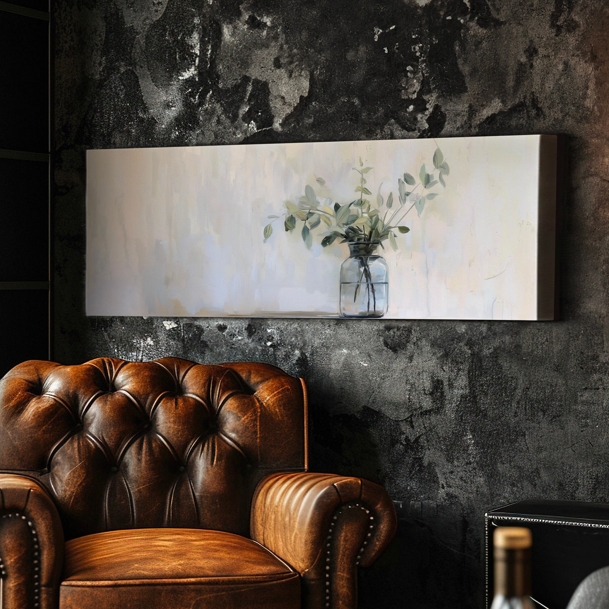 Eucalyptus Branch Above Bed Wall Art Still Life, Panoramic Botanical Canvas Print, Farmhouse Long Horizontal Canvas Art