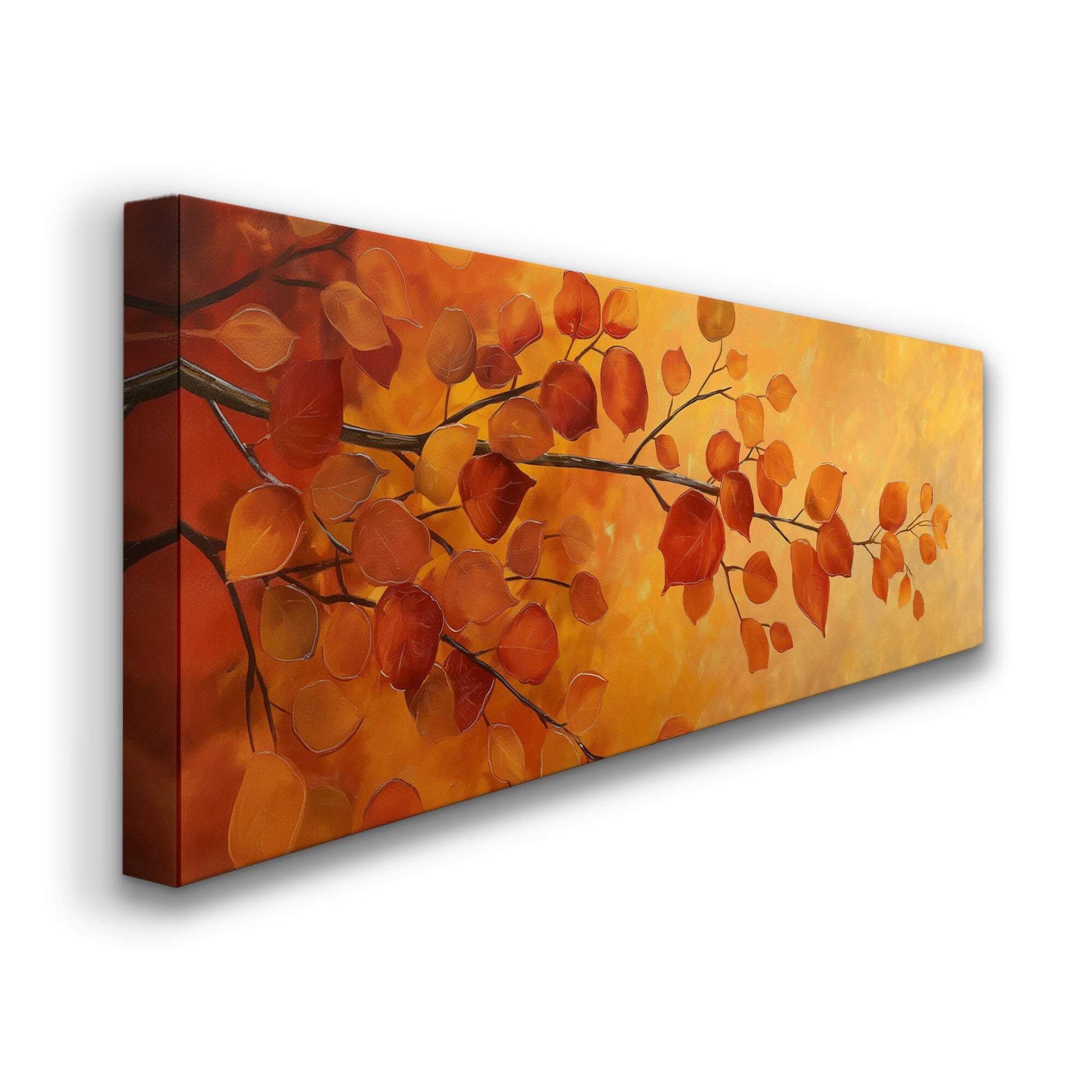 October Tree Branch Above Bed Wall Art Autumn Foliage, Panoramic Minimal Canvas Print, Fall Color Long Horizontal Canvas Art