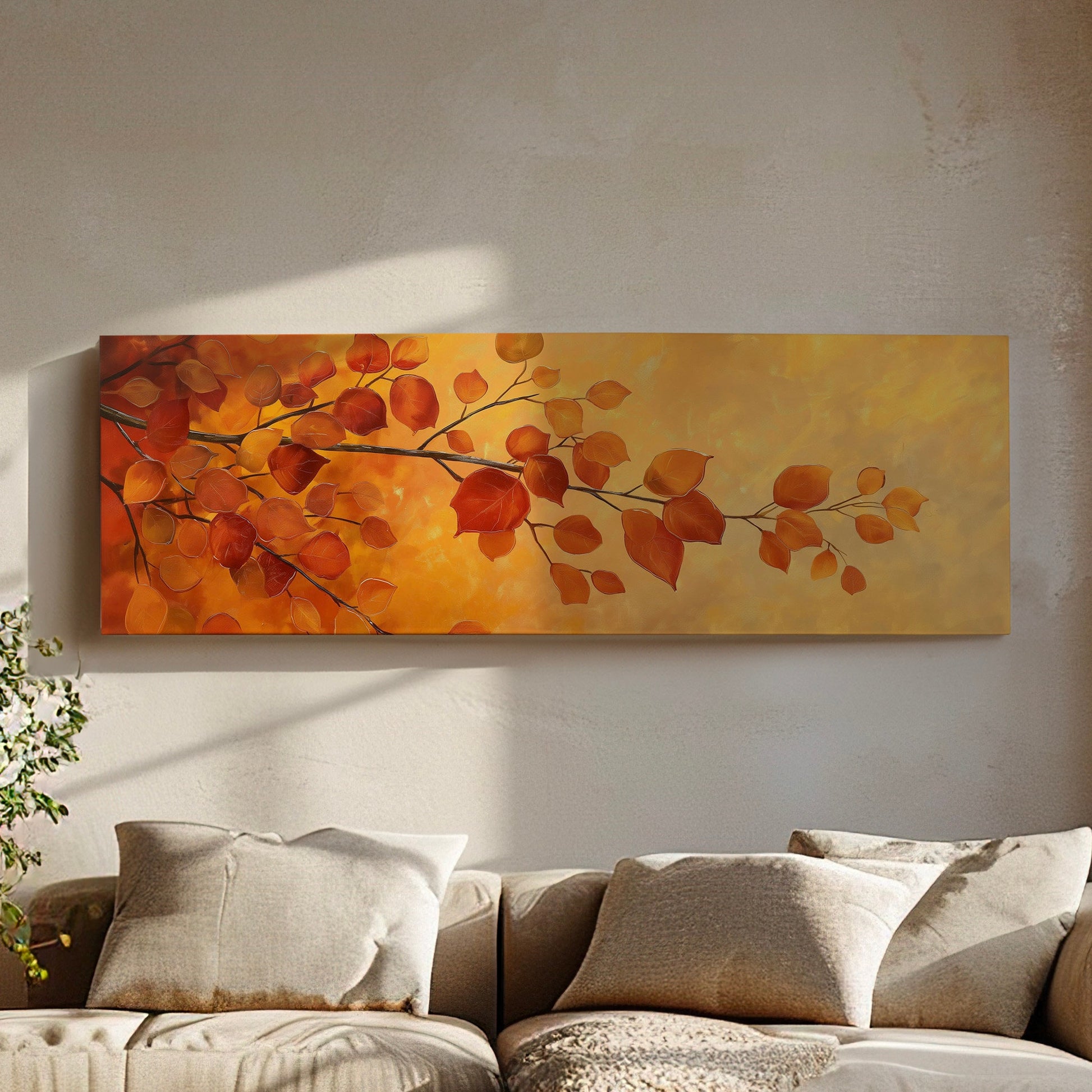 October Tree Branch Above Bed Wall Art Autumn Foliage, Panoramic Minimal Canvas Print, Fall Color Long Horizontal Canvas Art