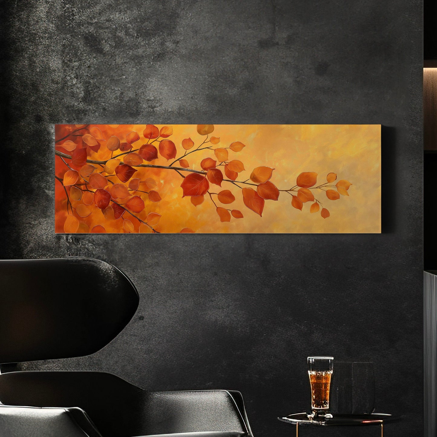 October Tree Branch Above Bed Wall Art Autumn Foliage, Panoramic Minimal Canvas Print, Fall Color Long Horizontal Canvas Art