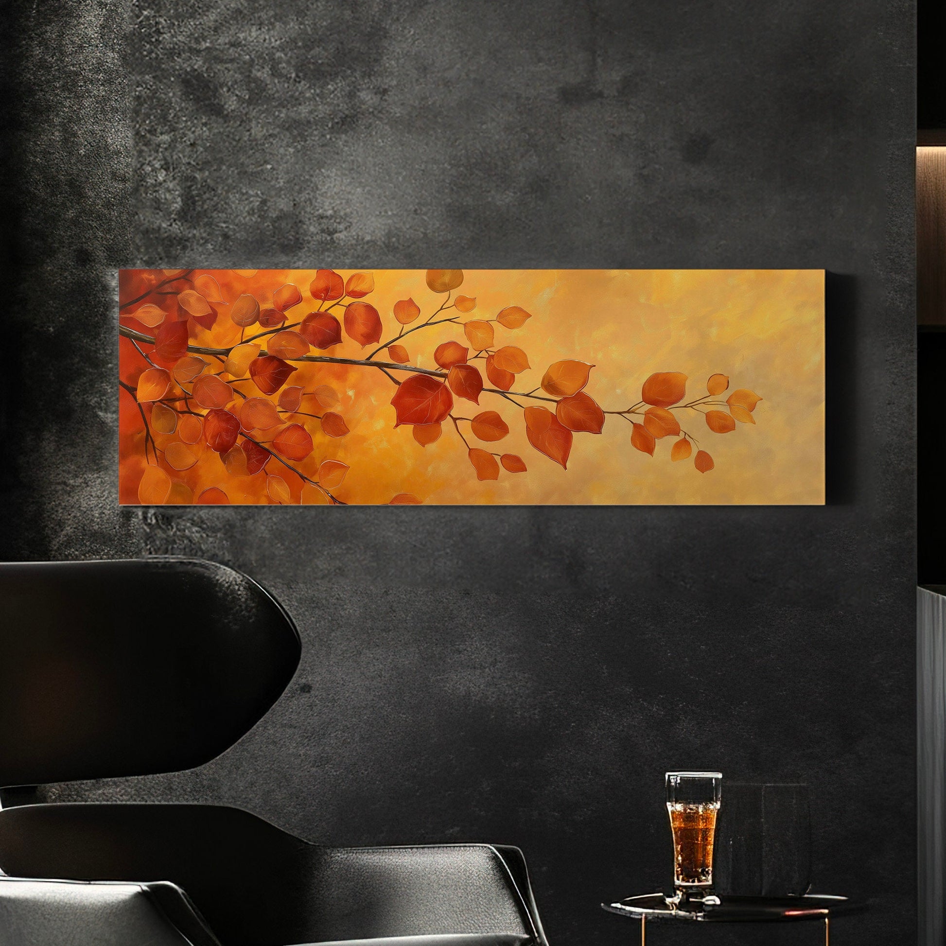 October Tree Branch Above Bed Wall Art Autumn Foliage, Panoramic Minimal Canvas Print, Fall Color Long Horizontal Canvas Art