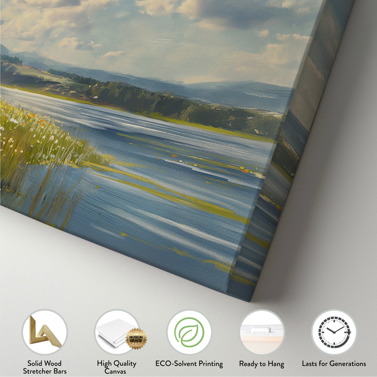Old Lake House Above Bed Wall Art Spring Meadow, Panoramic Peaceful Canvas Print, Nature Long Horizontal Canvas Art