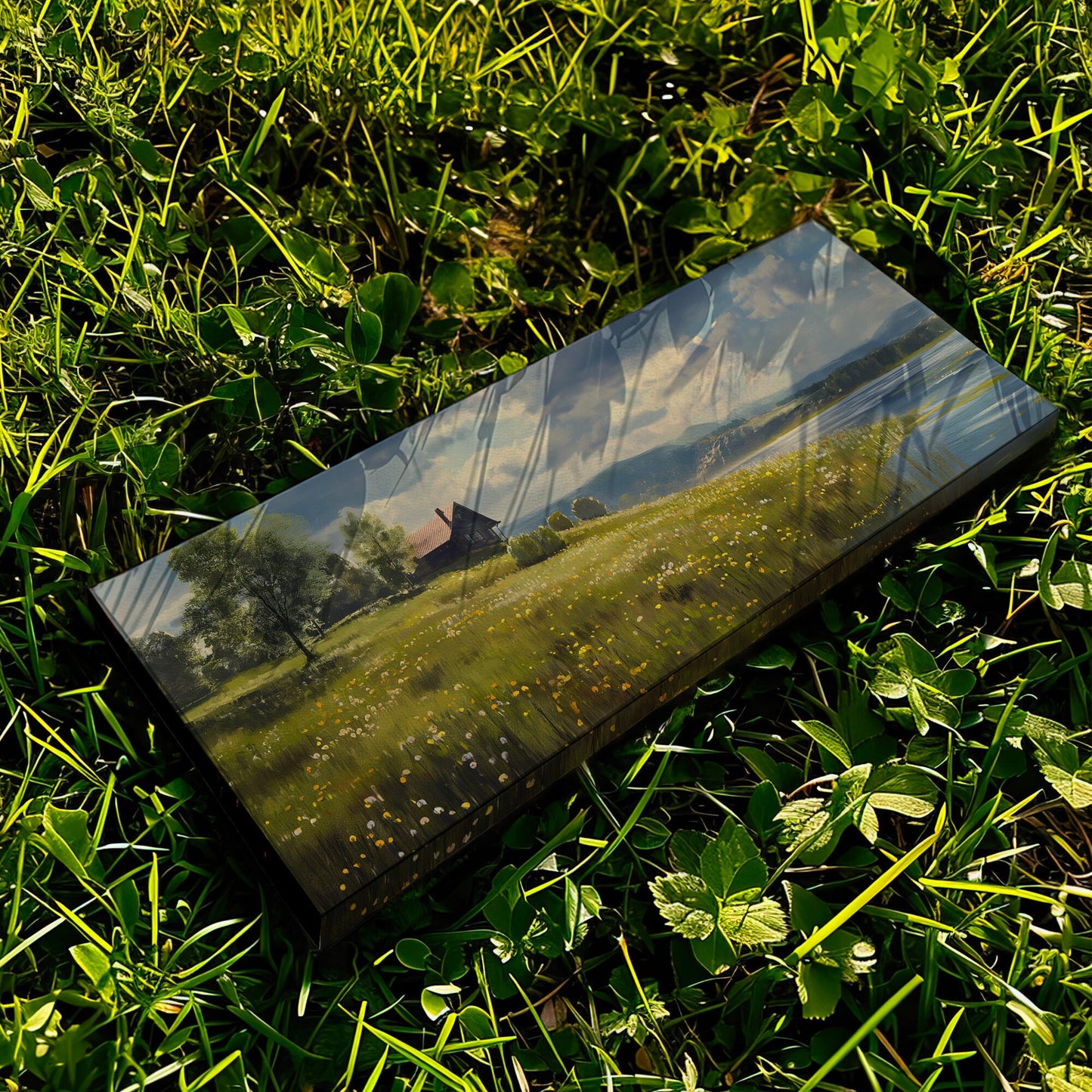 Old Lake House Above Bed Wall Art Spring Meadow, Panoramic Peaceful Canvas Print, Nature Long Horizontal Canvas Art