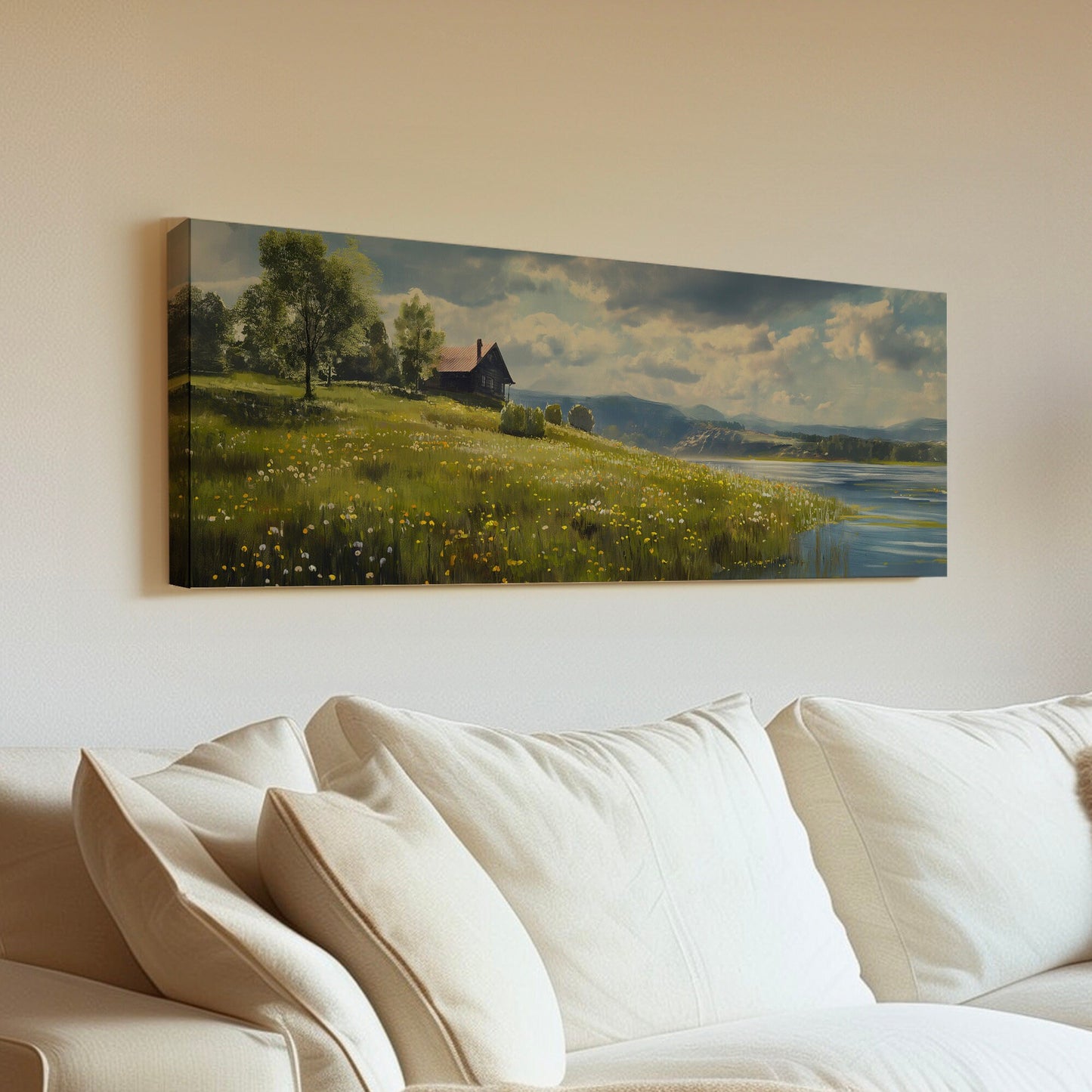 Old Lake House Above Bed Wall Art Spring Meadow, Panoramic Peaceful Canvas Print, Nature Long Horizontal Canvas Art