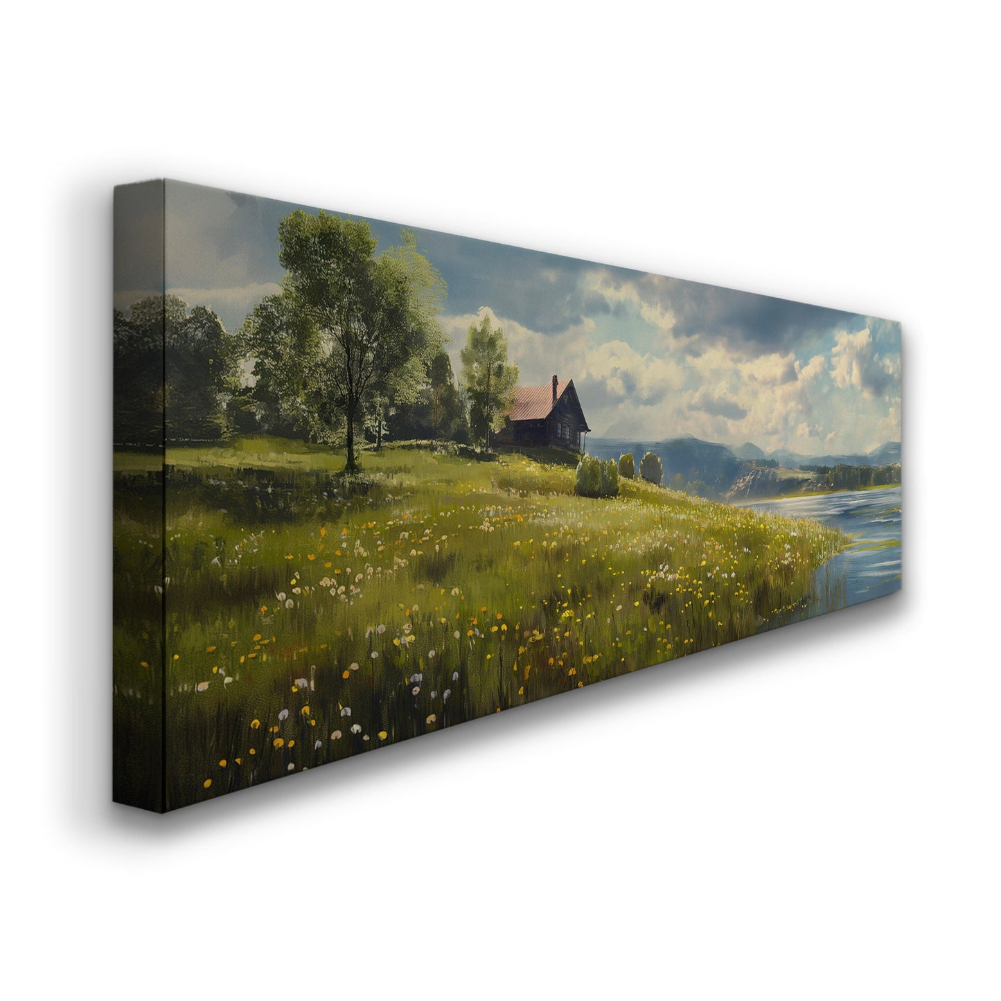 Old Lake House Above Bed Wall Art Spring Meadow, Panoramic Peaceful Canvas Print, Nature Long Horizontal Canvas Art