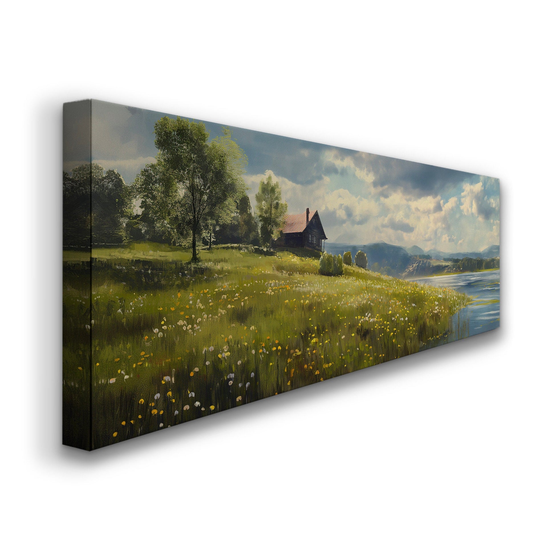 Old Lake House Above Bed Wall Art Spring Meadow, Panoramic Peaceful Canvas Print, Nature Long Horizontal Canvas Art