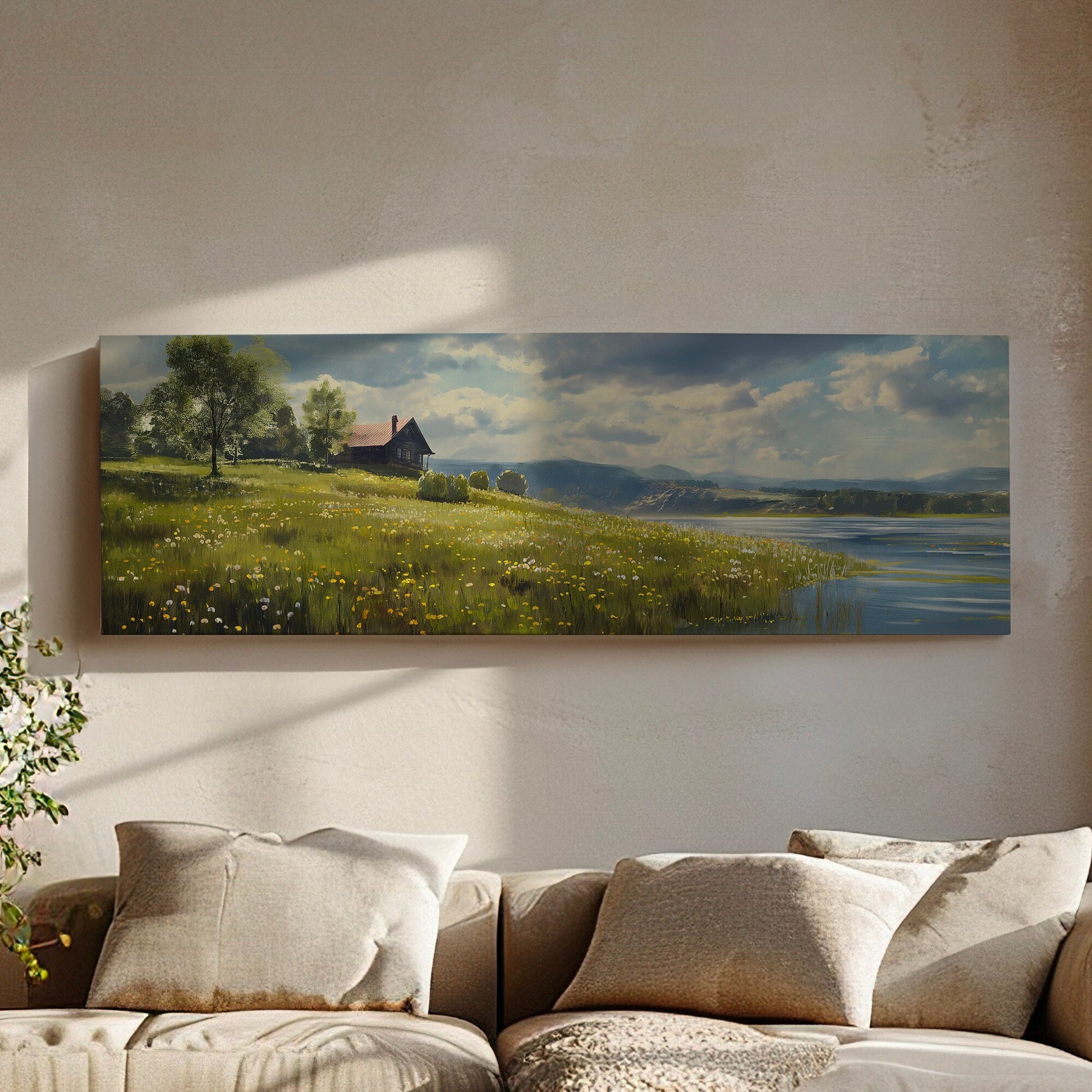 Old Lake House Above Bed Wall Art Spring Meadow, Panoramic Peaceful Canvas Print, Nature Long Horizontal Canvas Art
