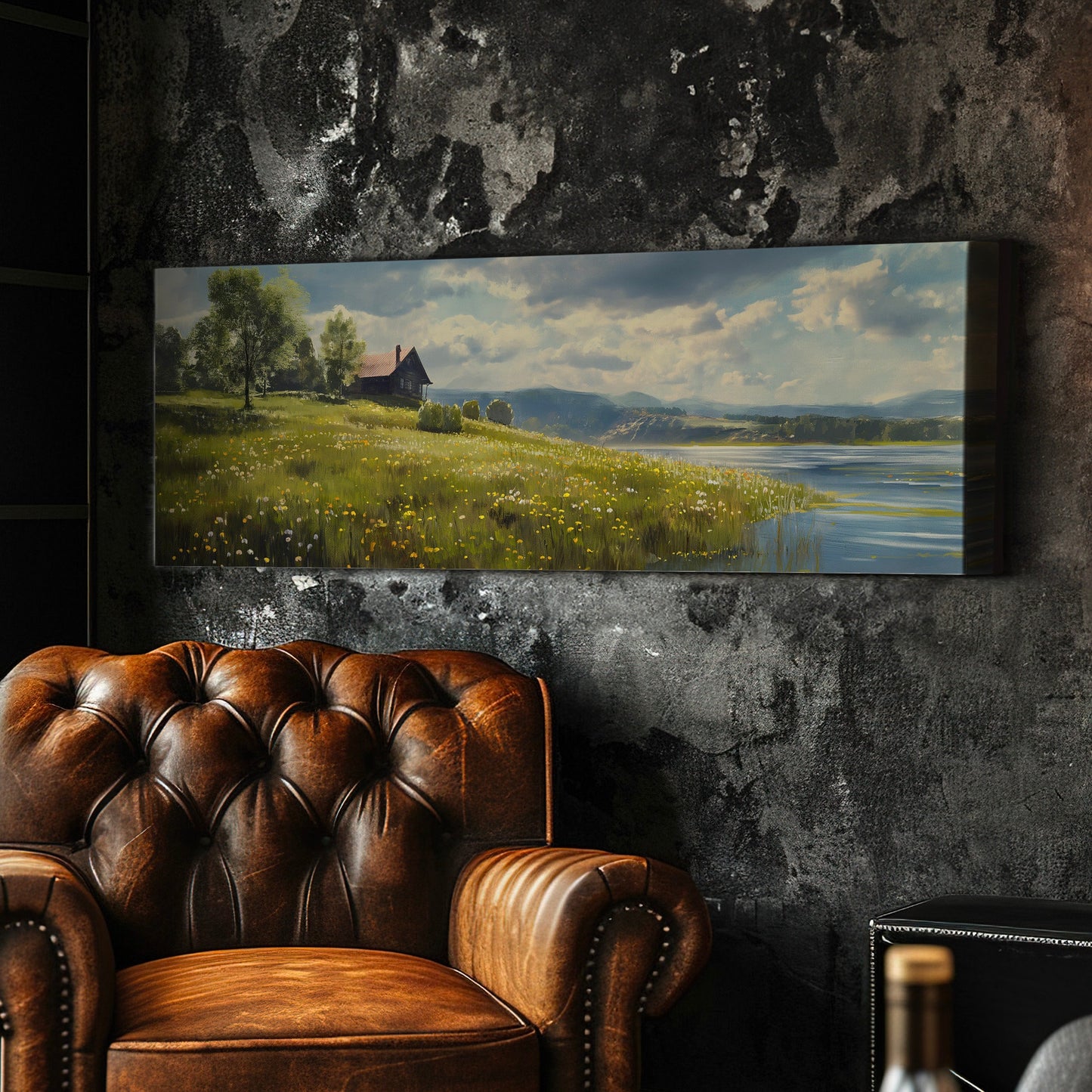Old Lake House Above Bed Wall Art Spring Meadow, Panoramic Peaceful Canvas Print, Nature Long Horizontal Canvas Art