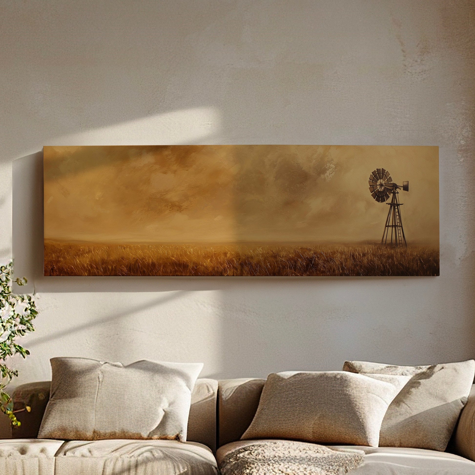 Old Windmill Above Bed Wall Art Countryside, Panoramic Landscape Canvas Print, Field Long Horizontal Canvas Art