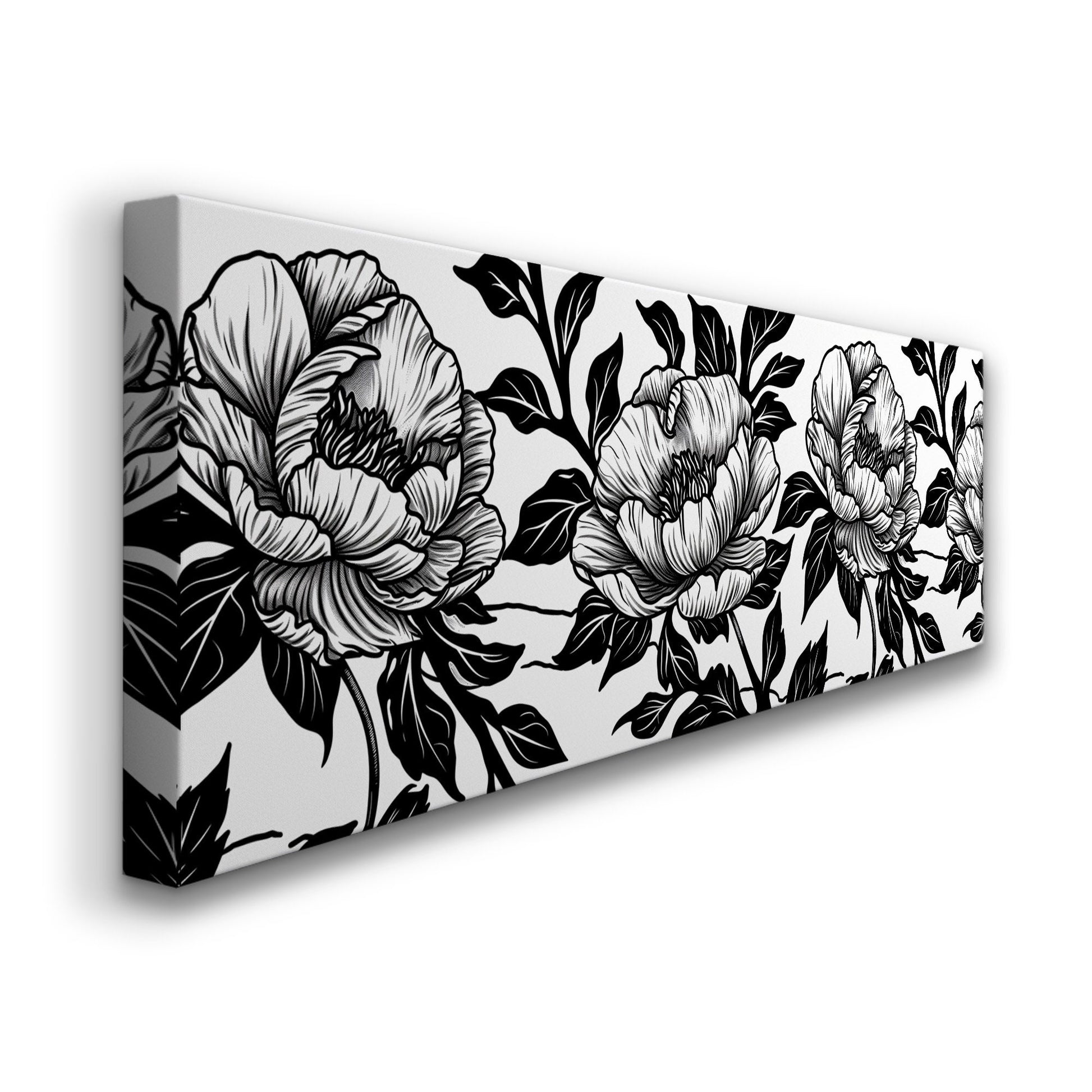 Peony Linocut Above Bed Wall Art Baroque Bouquet, Panoramic Floral Canvas Print, Black And White Long Horizontal Canvas Art