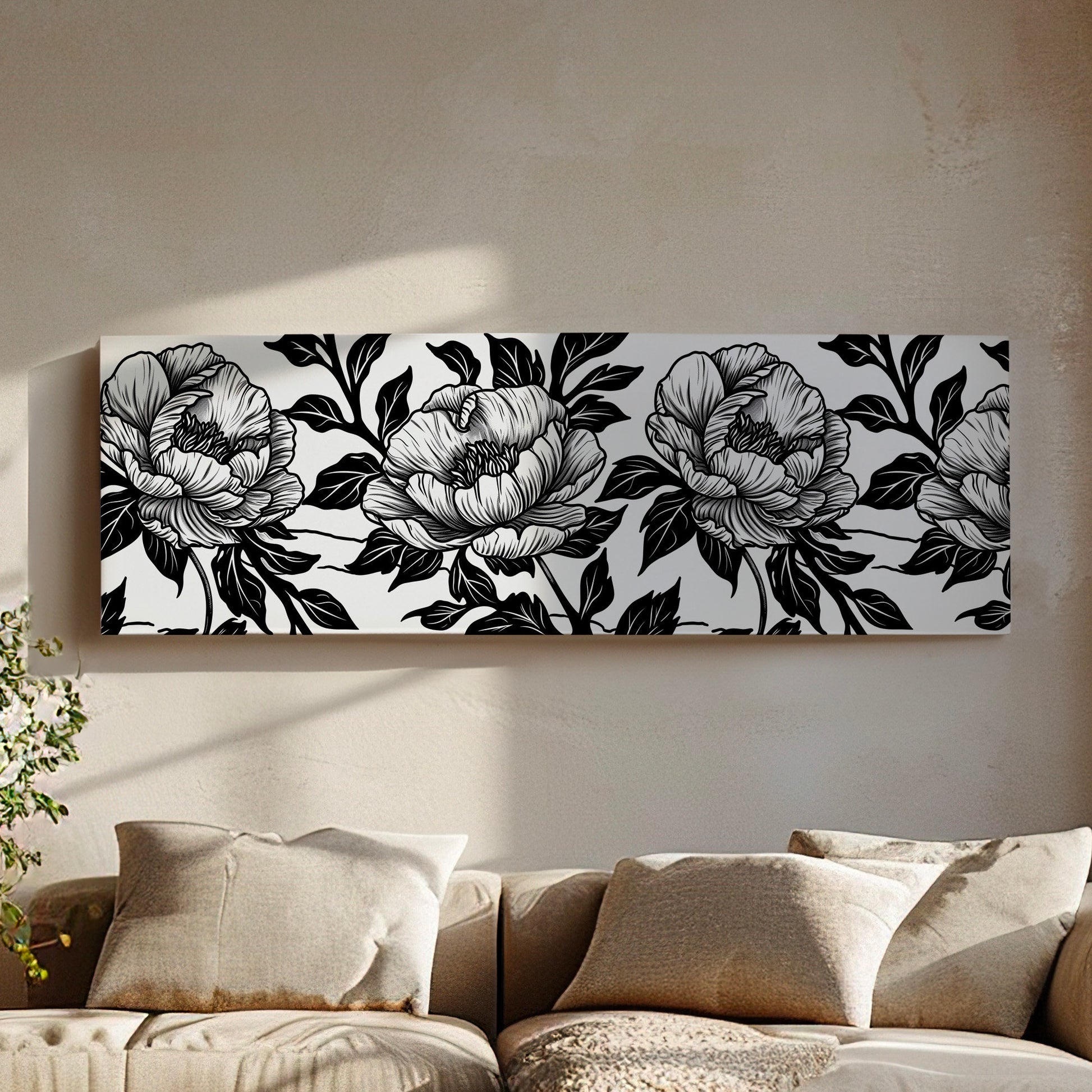 Peony Linocut Above Bed Wall Art Baroque Bouquet, Panoramic Floral Canvas Print, Black And White Long Horizontal Canvas Art