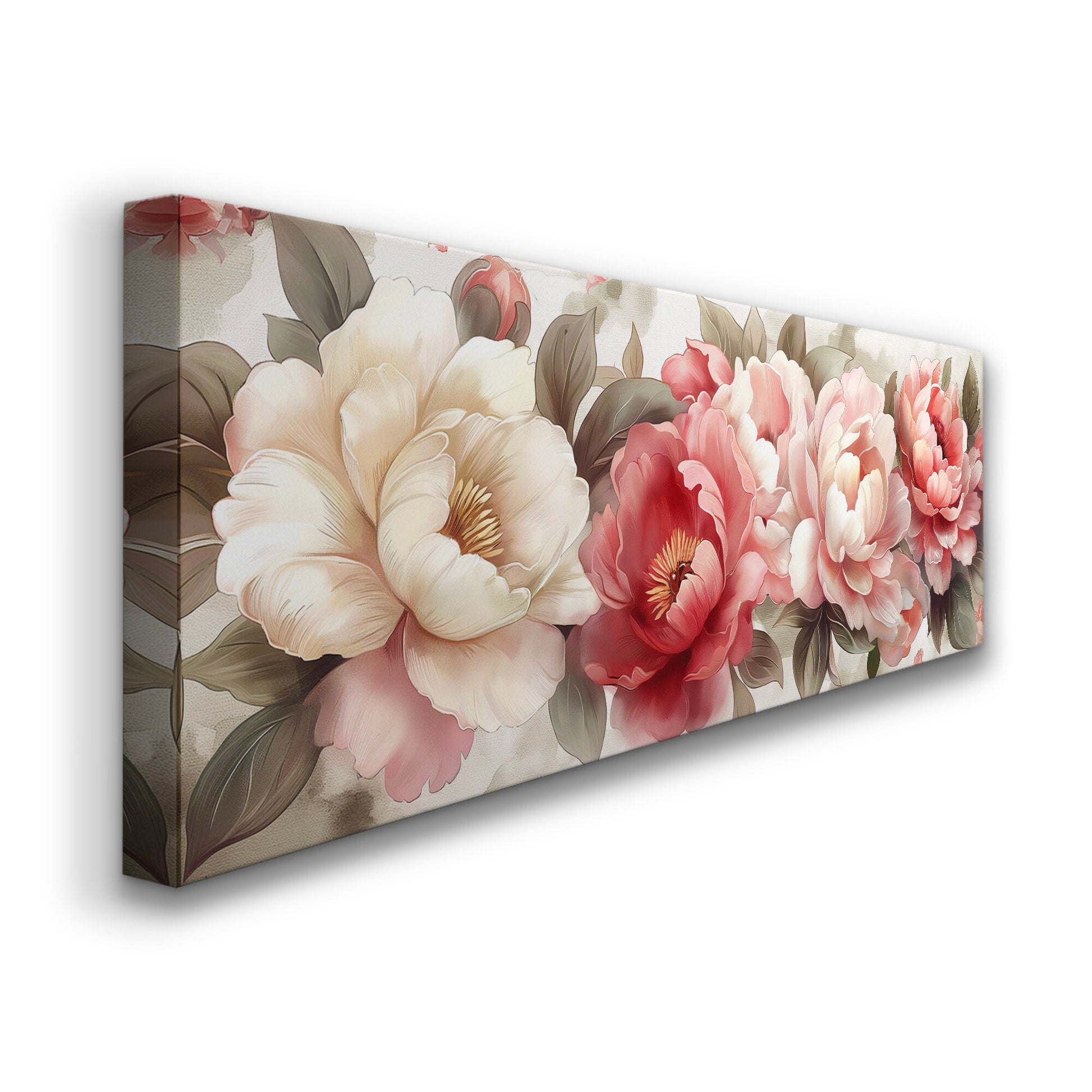 Peony Watercolor Above Bed Wall Art Baroque Bouquet, Panoramic Floral Canvas Print, Impressionist Long Horizontal Canvas Art
