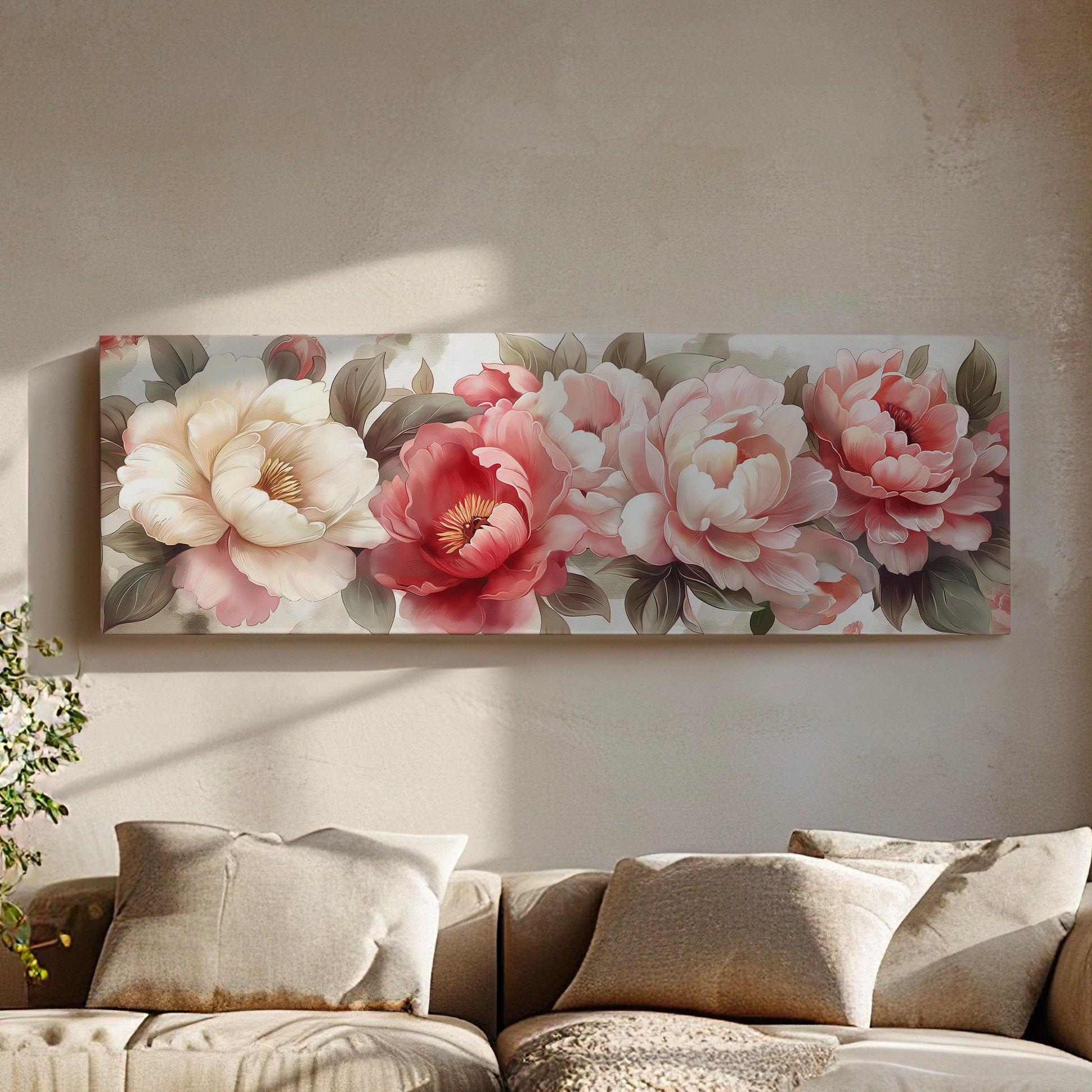 Peony Watercolor Above Bed Wall Art Baroque Bouquet, Panoramic Floral Canvas Print, Impressionist Long Horizontal Canvas Art