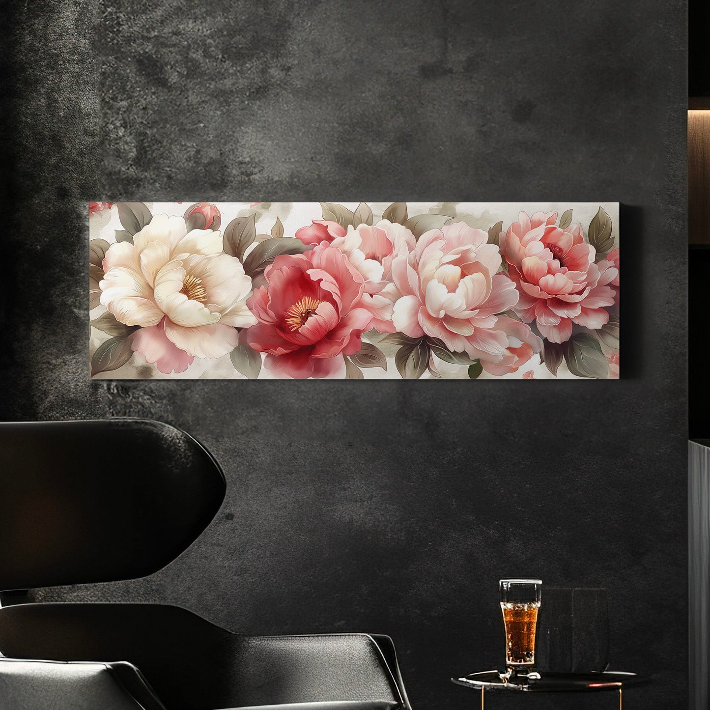 Peony Watercolor Above Bed Wall Art Baroque Bouquet, Panoramic Floral Canvas Print, Impressionist Long Horizontal Canvas Art