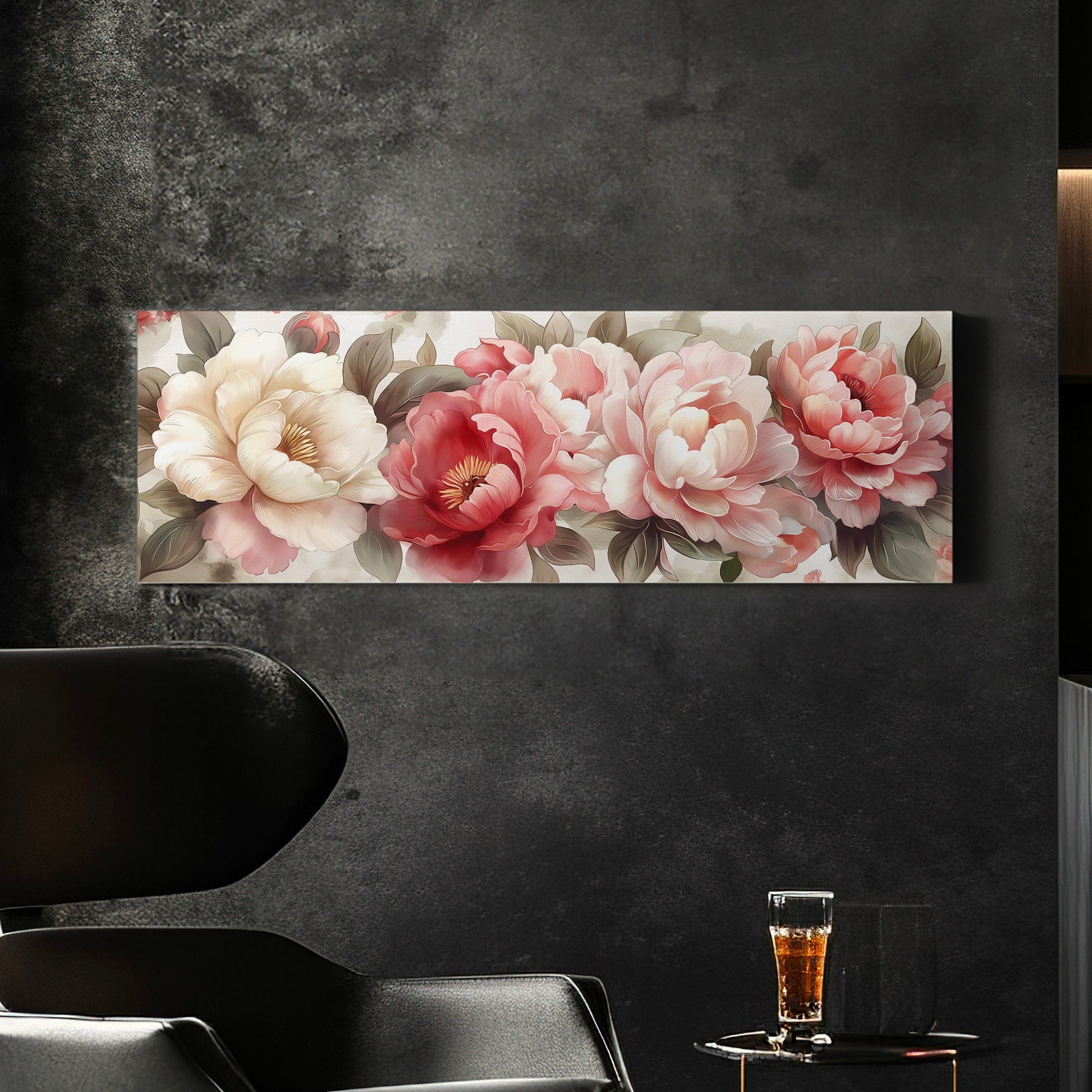 Peony Watercolor Above Bed Wall Art Baroque Bouquet, Panoramic Floral Canvas Print, Impressionist Long Horizontal Canvas Art