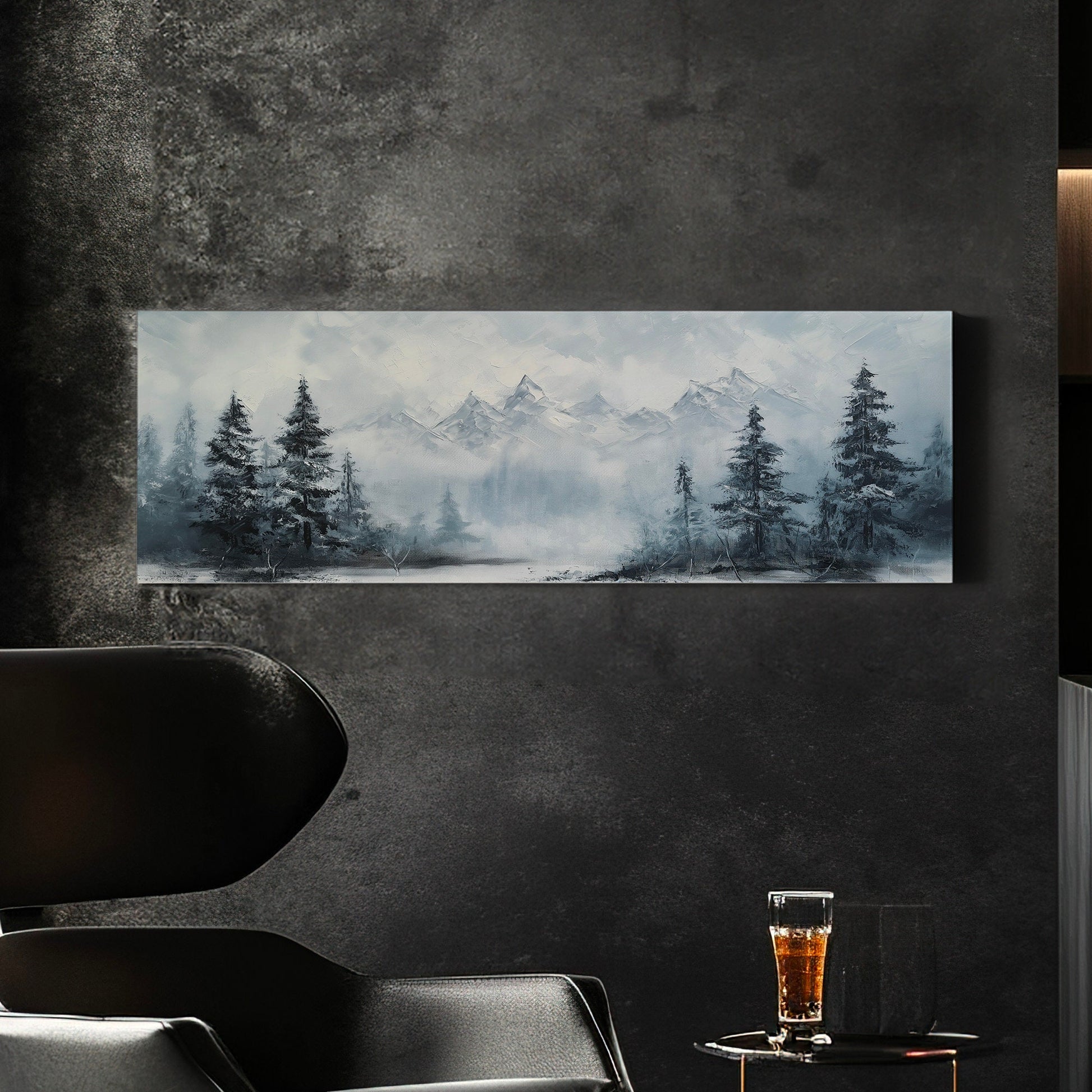Pine Forest At Winter Above Bed Wall Art Mountain Landscape, Panoramic Tirol Canvas Print, Minimal Long Horizontal Canvas Art