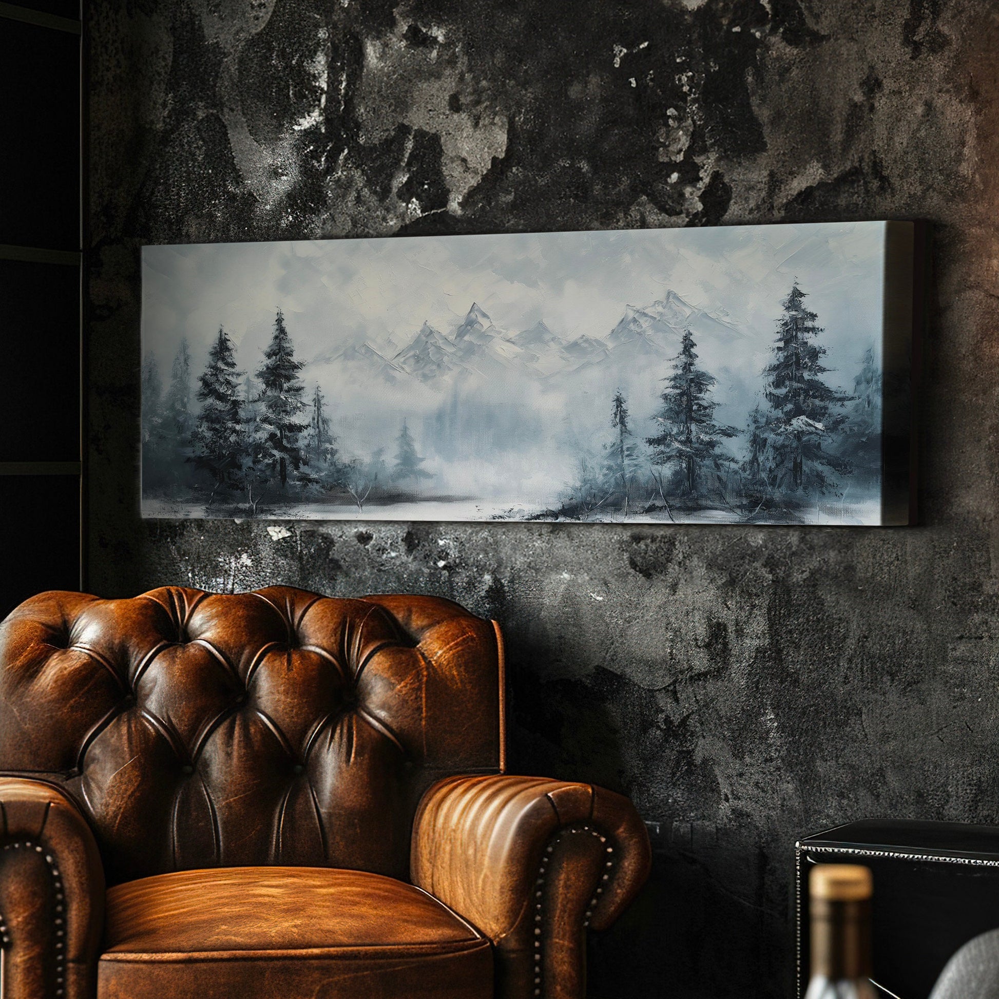 Pine Forest At Winter Above Bed Wall Art Mountain Landscape, Panoramic Tirol Canvas Print, Minimal Long Horizontal Canvas Art