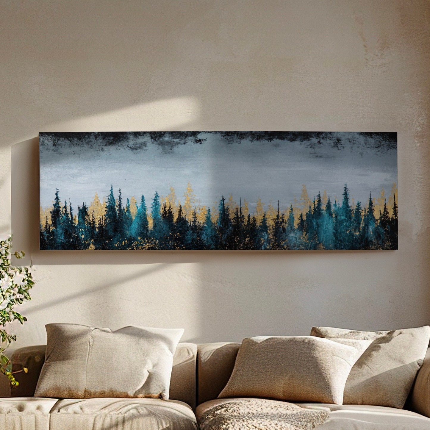 Pine Forest Landscape Above Bed Wall Art Minimal, Panoramic Abstract Canvas Print, Gold Colors Long Horizontal Canvas Art