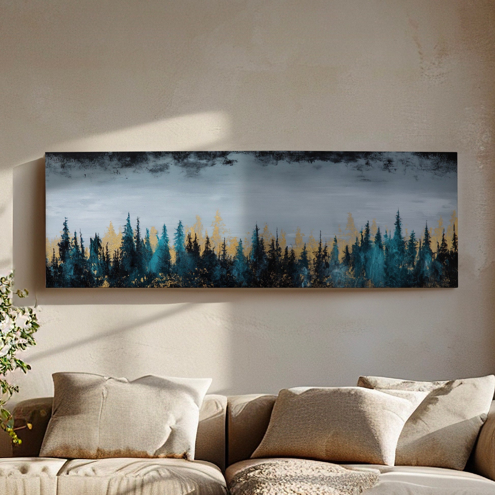 Pine Forest Landscape Above Bed Wall Art Minimal, Panoramic Abstract Canvas Print, Gold Colors Long Horizontal Canvas Art