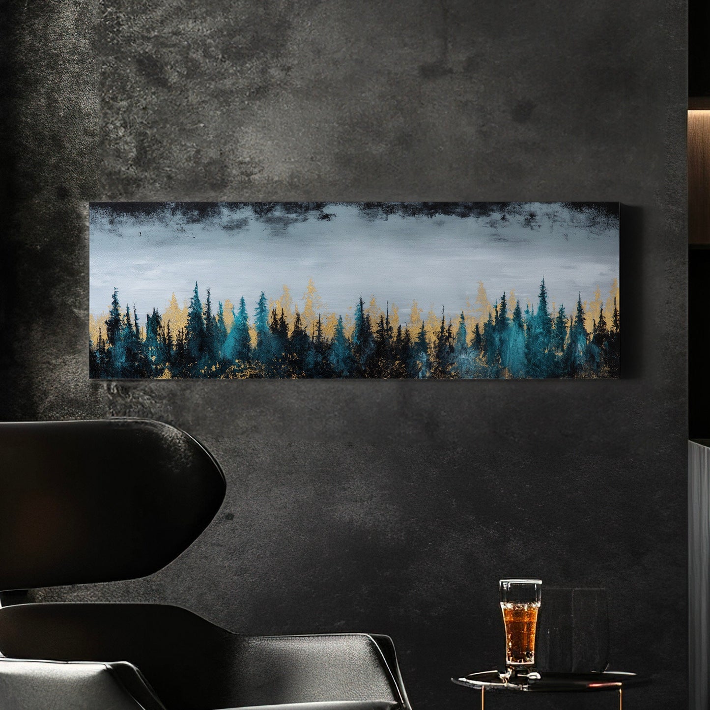 Pine Forest Landscape Above Bed Wall Art Minimal, Panoramic Abstract Canvas Print, Gold Colors Long Horizontal Canvas Art