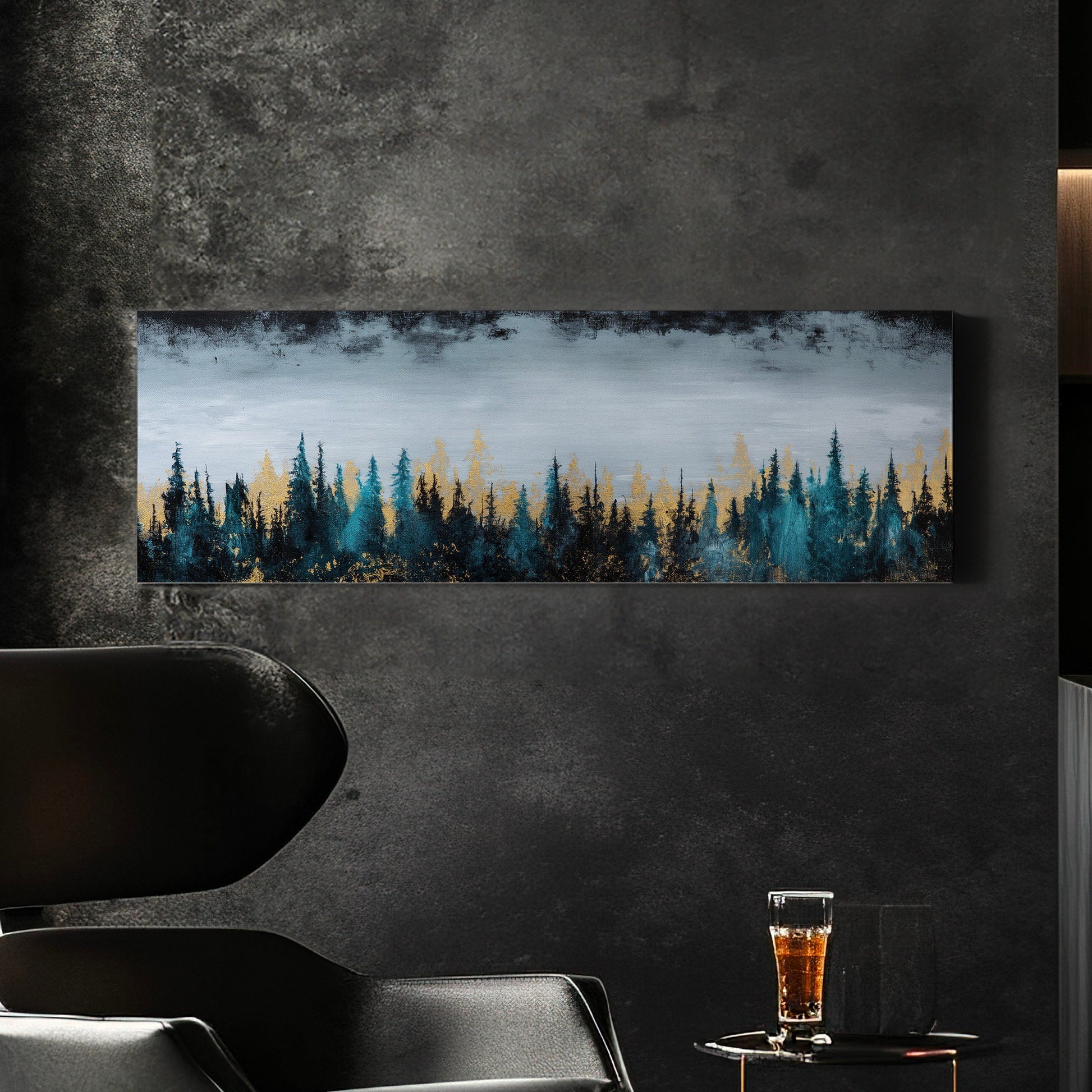 Pine Forest Landscape Above Bed Wall Art Minimal, Panoramic Abstract Canvas Print, Gold Colors Long Horizontal Canvas Art