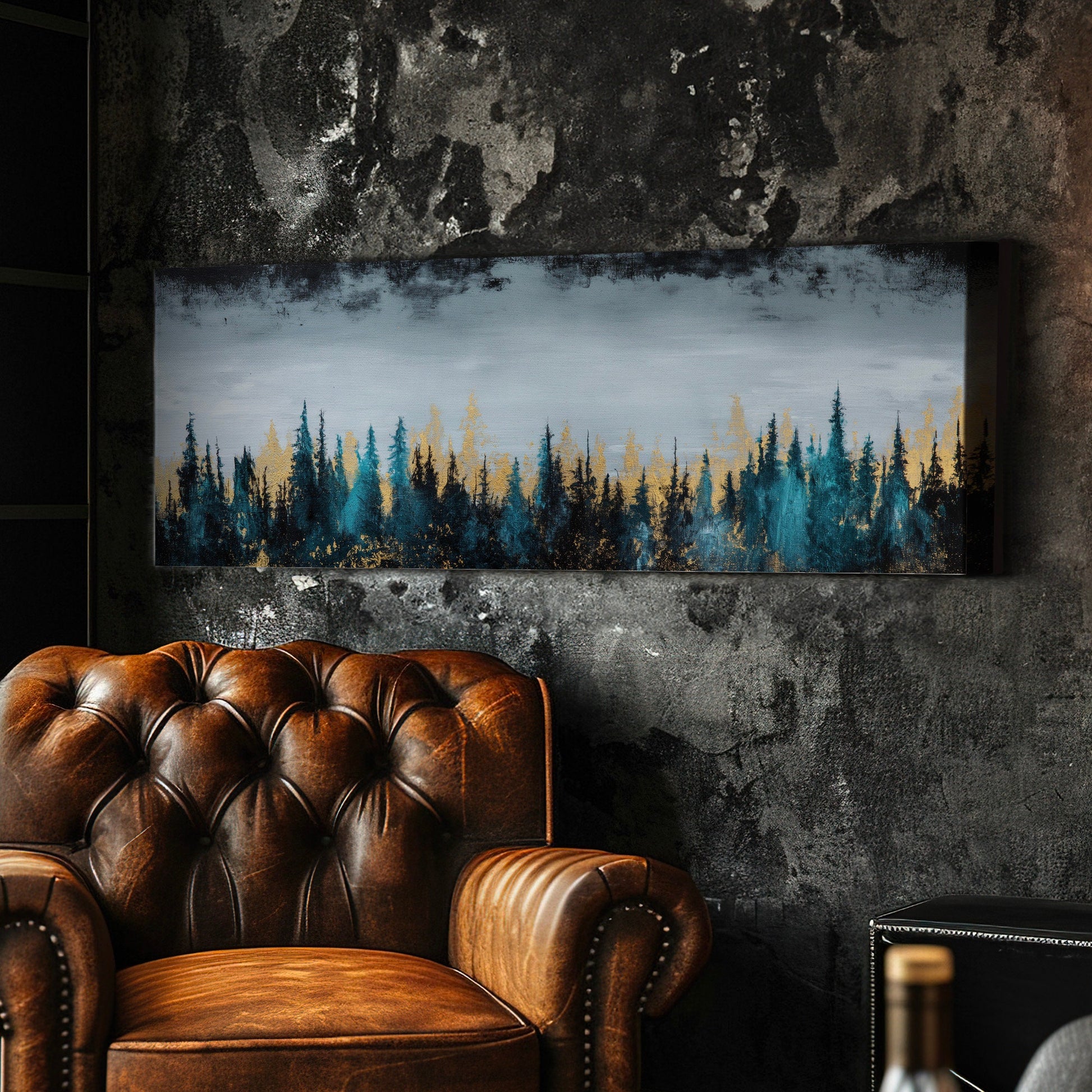 Pine Forest Landscape Above Bed Wall Art Minimal, Panoramic Abstract Canvas Print, Gold Colors Long Horizontal Canvas Art