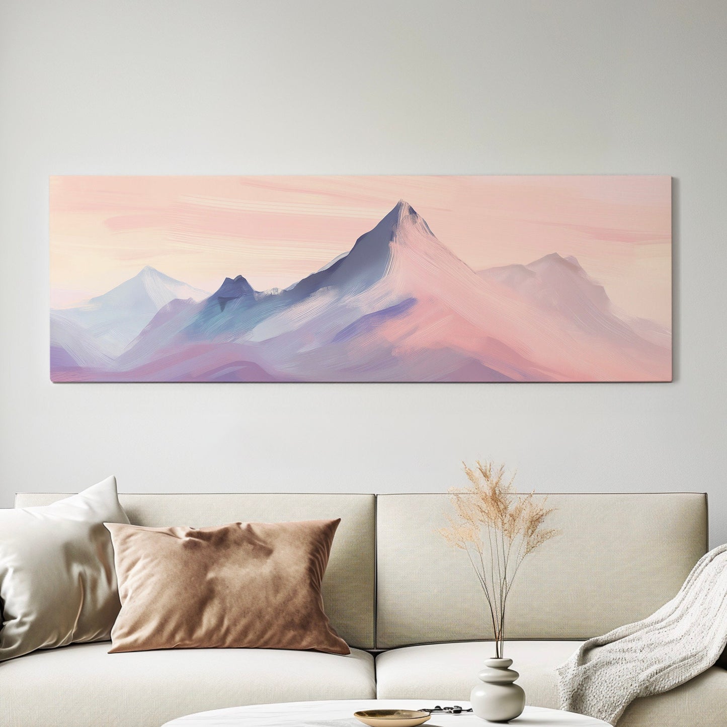 Pink Mountain Landscape Above Bed Wall Art Sunset, Panoramic Nature Canvas Print, Abstract Long Horizontal Canvas Art