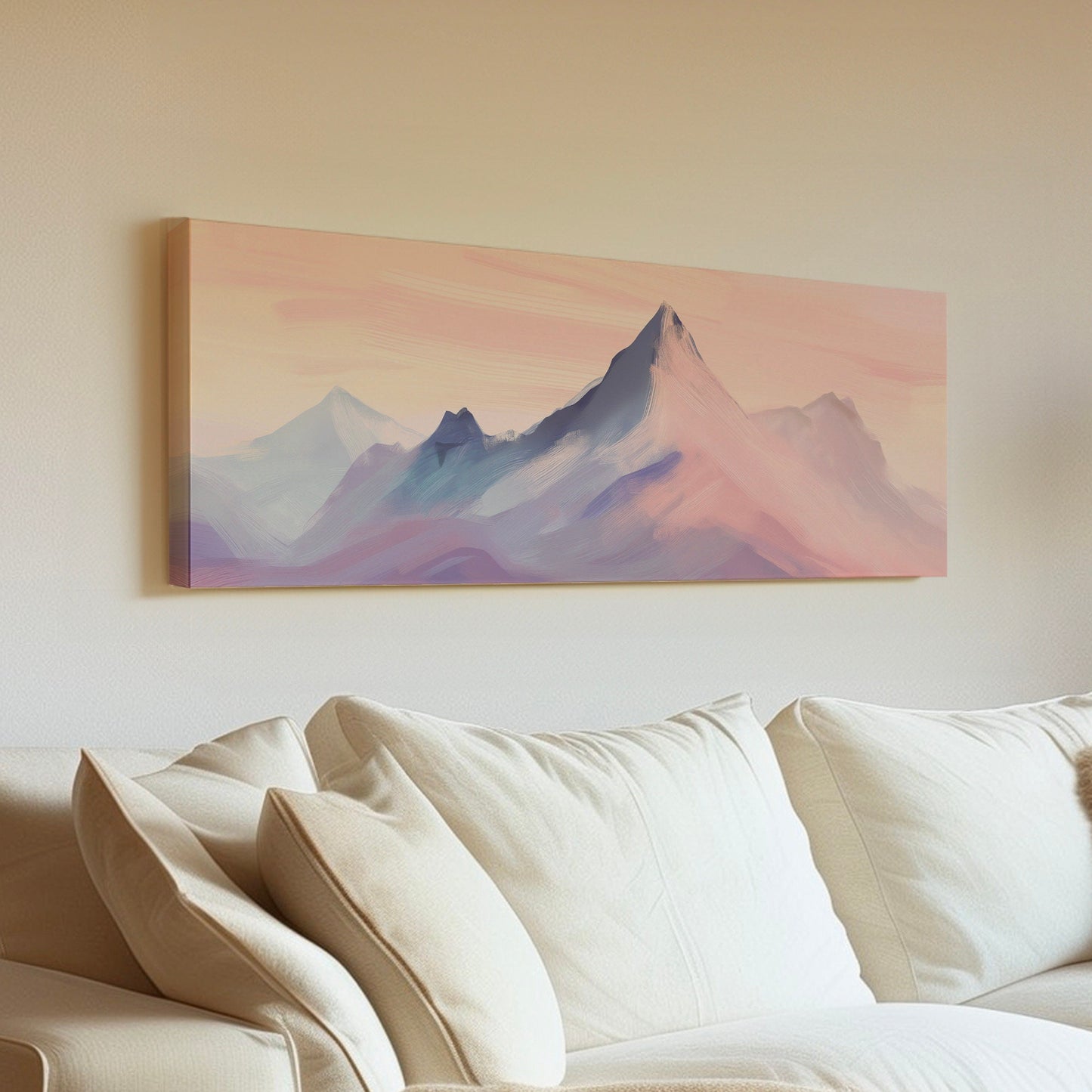 Pink Mountain Landscape Above Bed Wall Art Sunset, Panoramic Nature Canvas Print, Abstract Long Horizontal Canvas Art