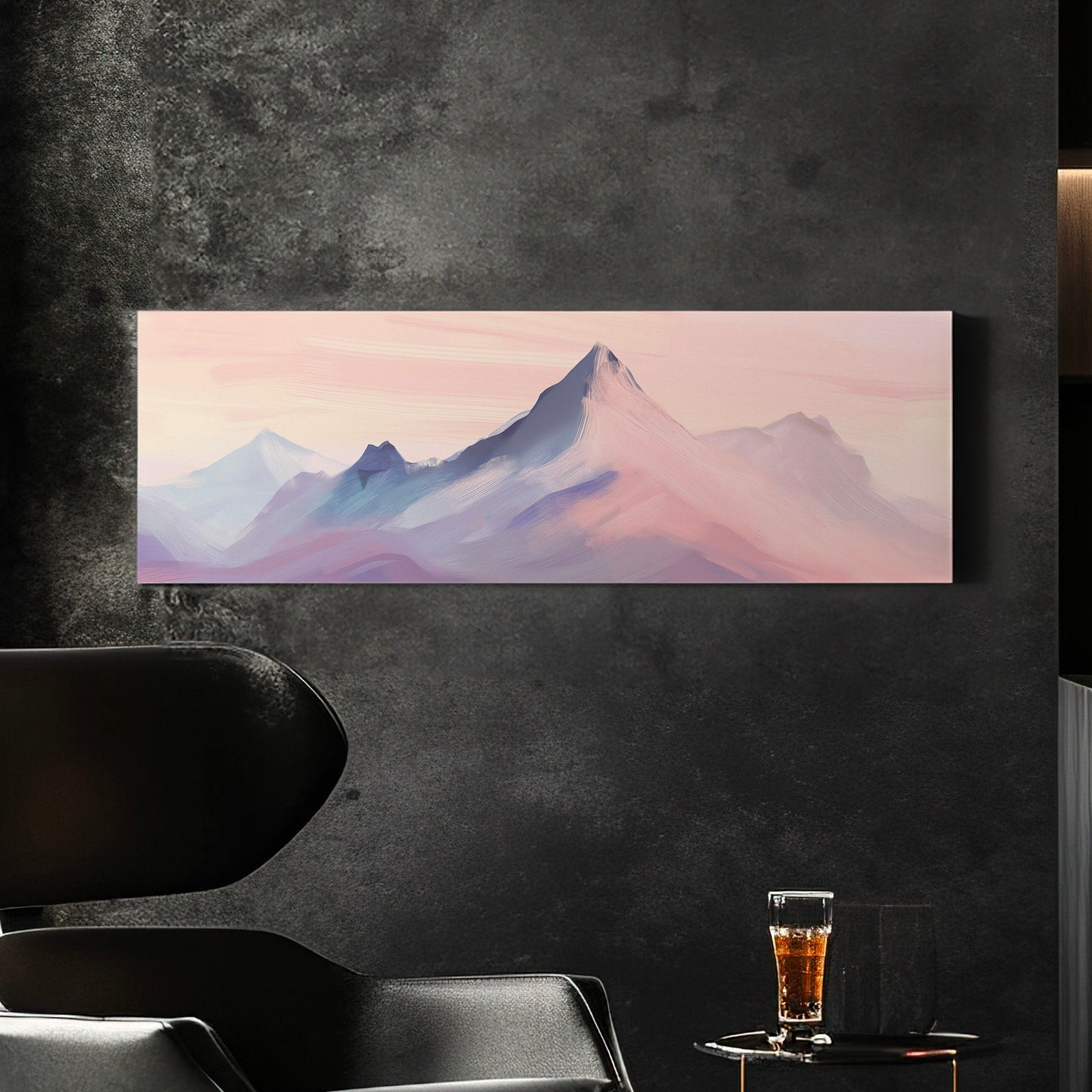 Pink Mountain Landscape Above Bed Wall Art Sunset, Panoramic Nature Canvas Print, Abstract Long Horizontal Canvas Art