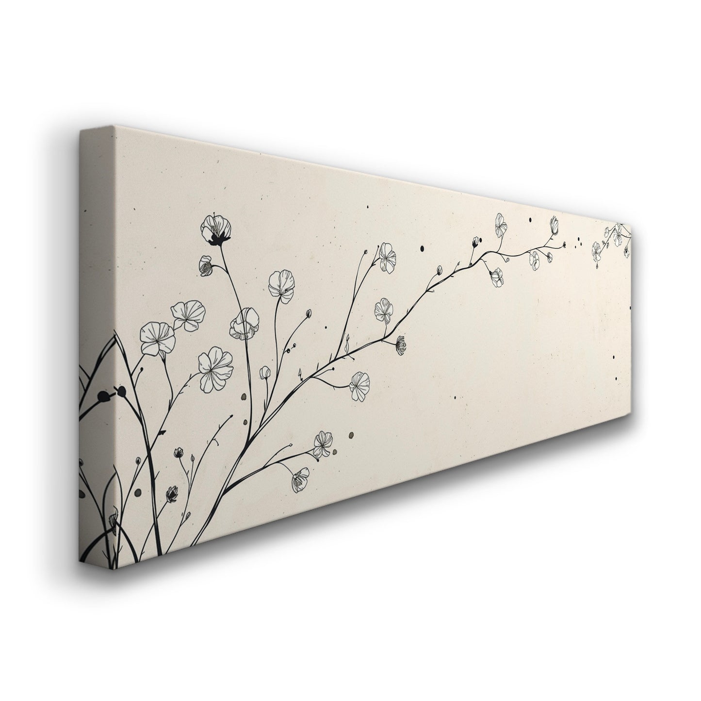 Beige Line Art Branch Above Bed Wall Art Illustration, Panoramic Minimal Canvas Print, Flower Long Horizontal Canvas Art