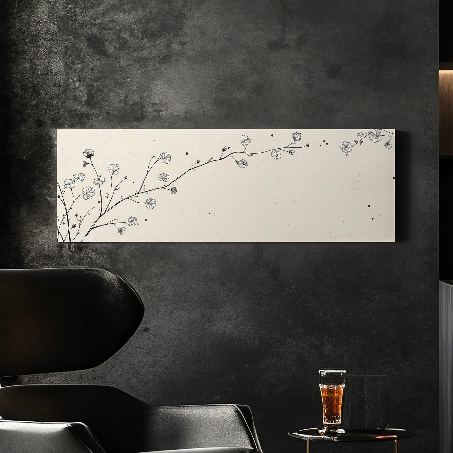 Beige Line Art Branch Above Bed Wall Art Illustration, Panoramic Minimal Canvas Print, Flower Long Horizontal Canvas Art