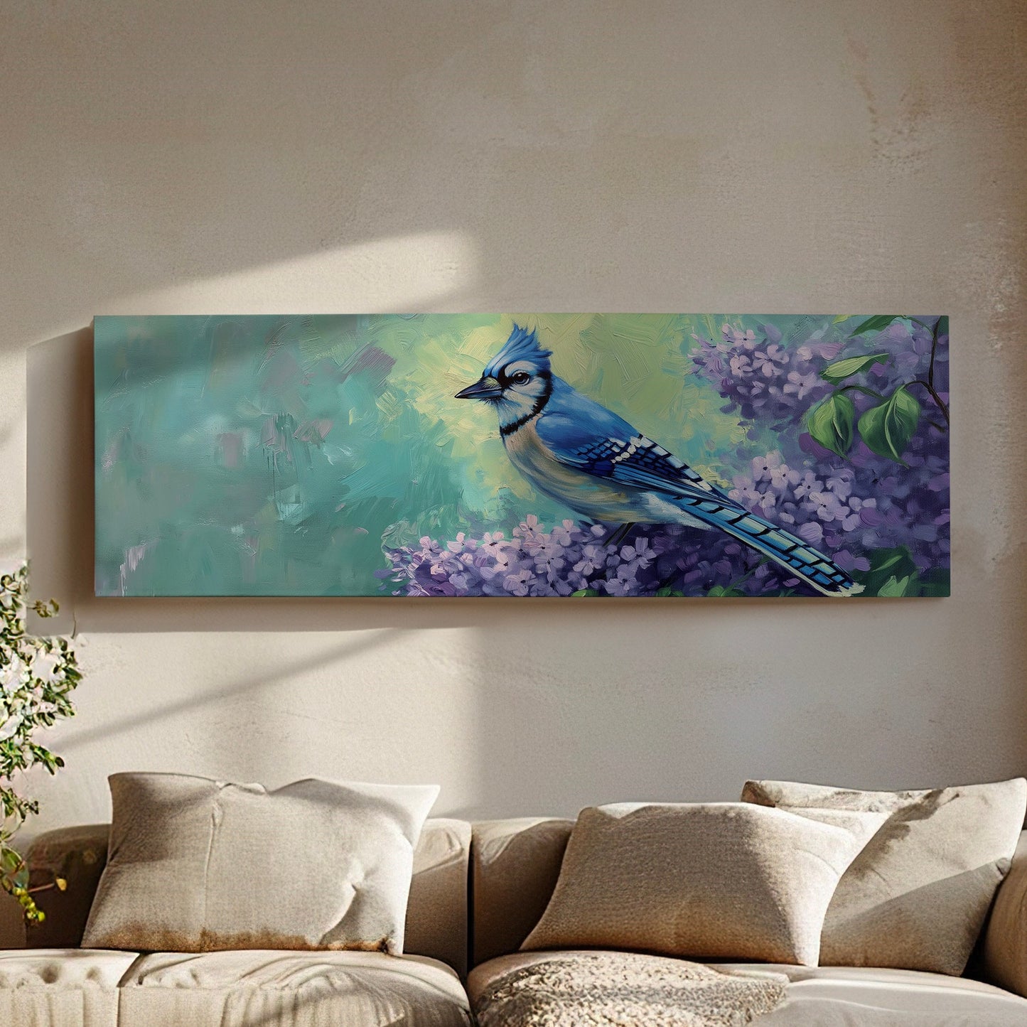 Bluejays On A Purple Flower Above Bed Wall Art Nature, Panoramic Forest Canvas Print, Abstract Long Horizontal Canvas Art