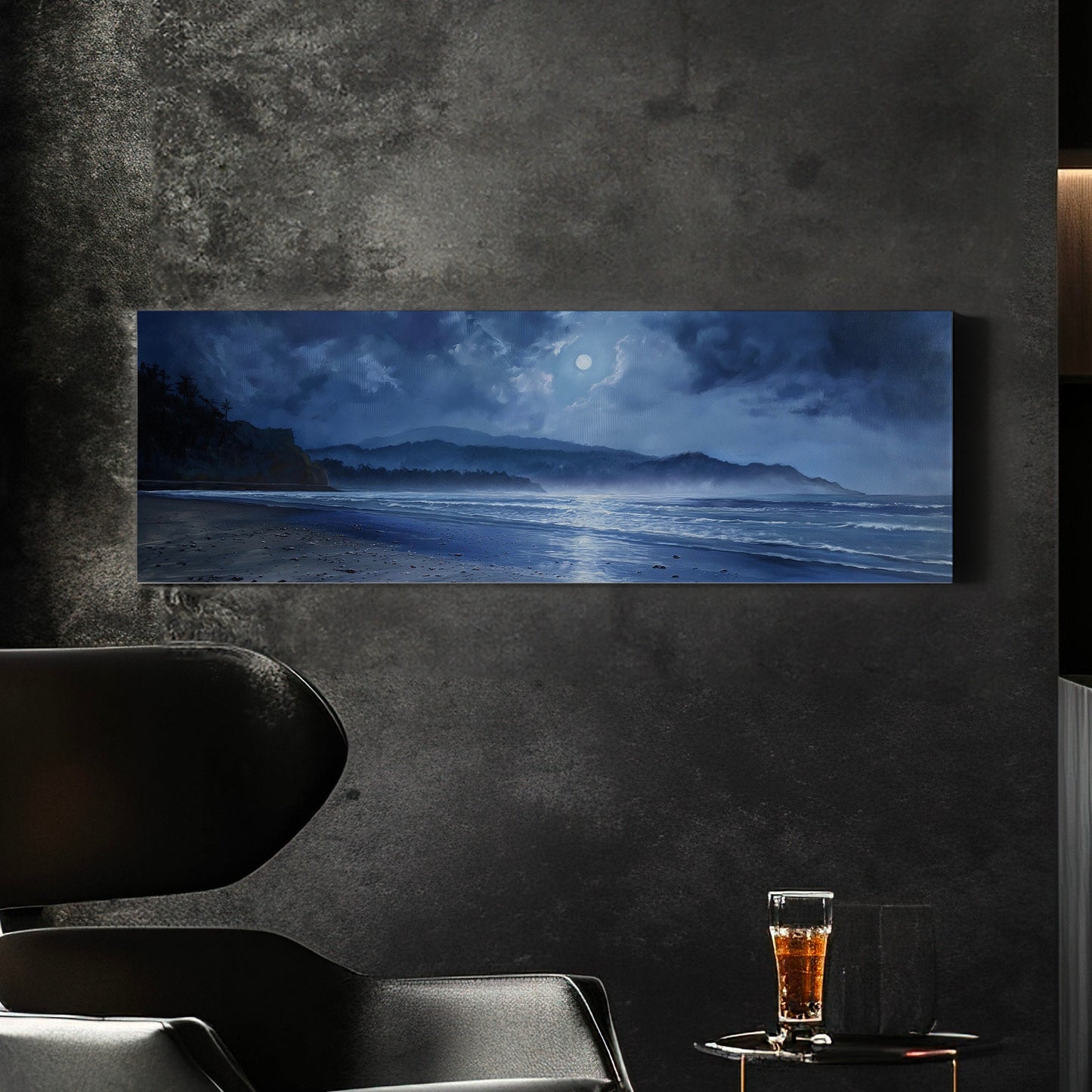 Blue Beach At Night Above Bed Wall Art Ocean Waves, Panoramic Sandy Beach Canvas Print, Full Moon Long Horizontal Canvas Art