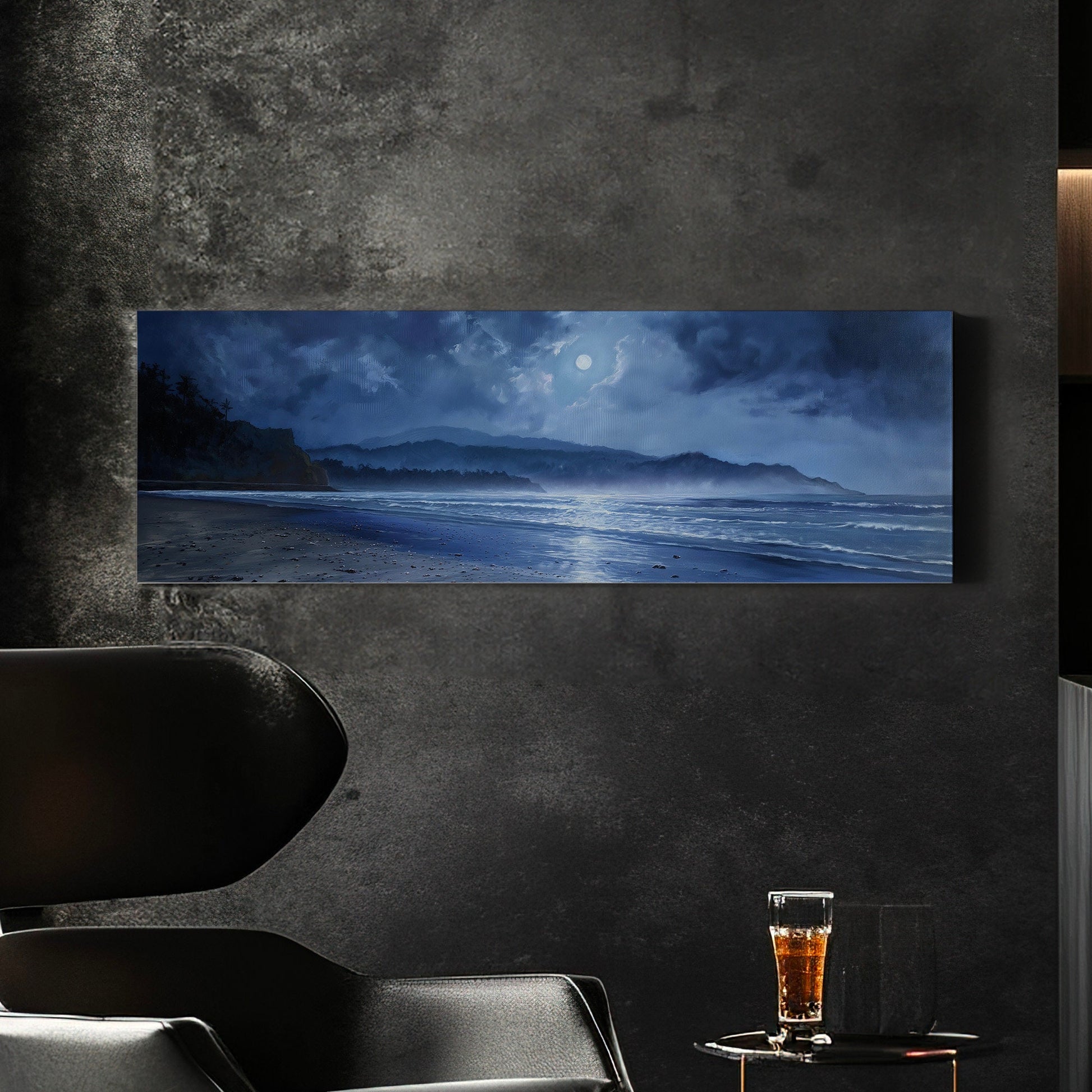 Blue Beach At Night Above Bed Wall Art Ocean Waves, Panoramic Sandy Beach Canvas Print, Full Moon Long Horizontal Canvas Art