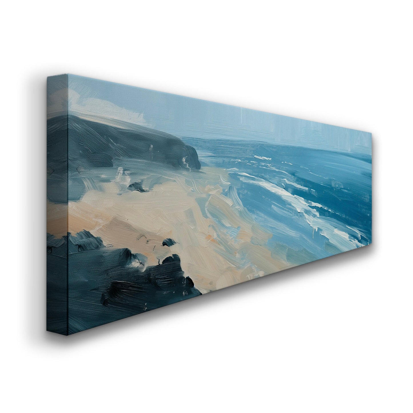 Blue Beach From Above Above Bed Wall Art Ocean Waves, Panoramic Sandy Beach Canvas Print, Oil Painting Long Horizontal Canvas Art