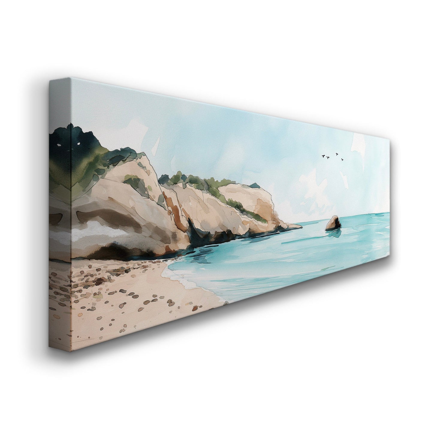 Blue Beach Above Bed Wall Art Ocean Waves, Panoramic Sandy Beach Canvas Print, Summer Long Horizontal Canvas Art