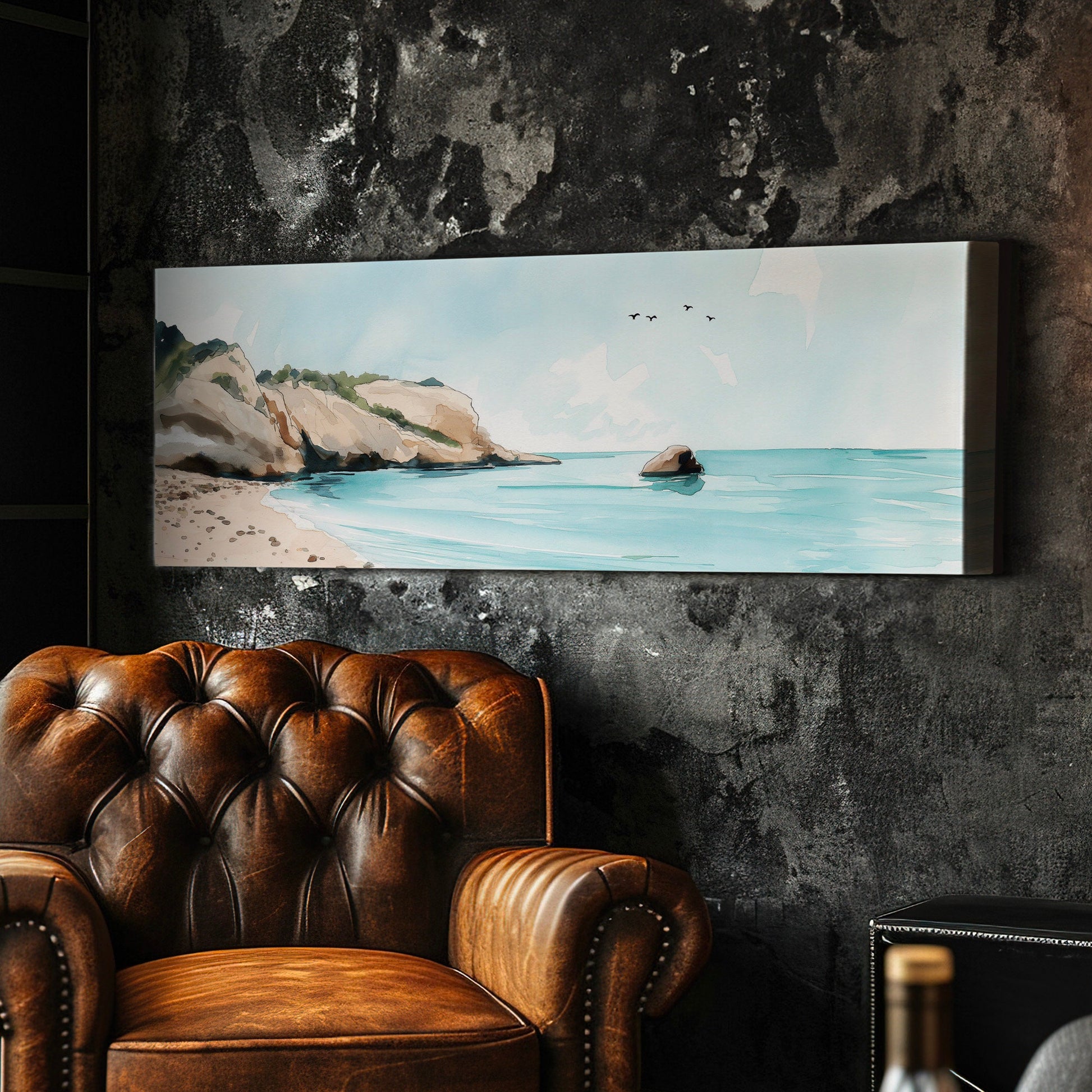 Blue Beach Above Bed Wall Art Ocean Waves, Panoramic Sandy Beach Canvas Print, Summer Long Horizontal Canvas Art