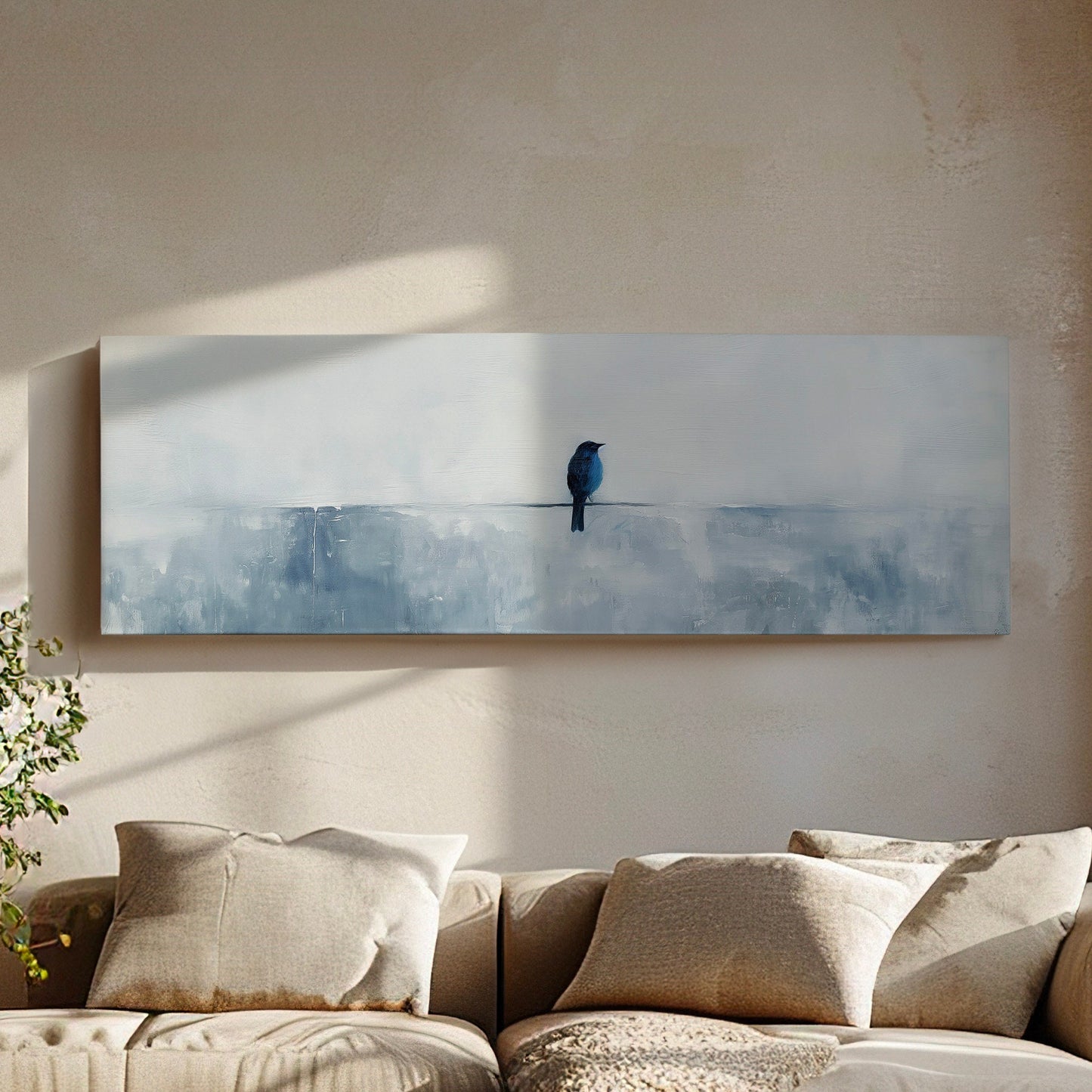 Blue Bird Above Bed Wall Art Minimal, Panoramic Neutral Canvas Print, Nature Long Horizontal Canvas Art