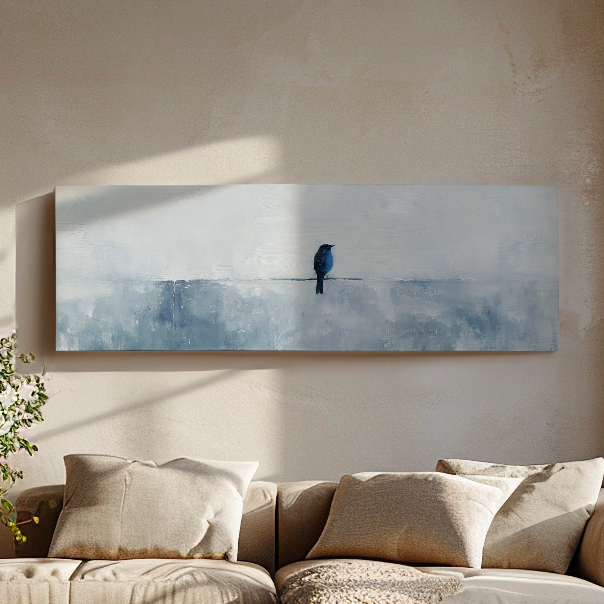 Blue Bird Above Bed Wall Art Minimal, Panoramic Neutral Canvas Print, Nature Long Horizontal Canvas Art