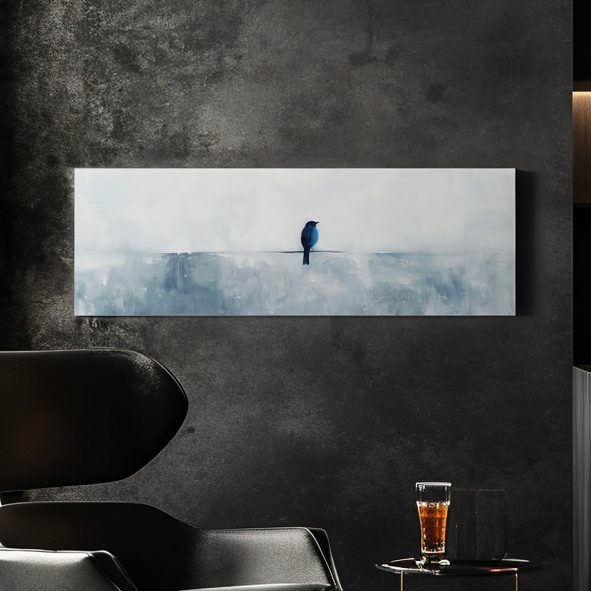 Blue Bird Above Bed Wall Art Minimal, Panoramic Neutral Canvas Print, Nature Long Horizontal Canvas Art