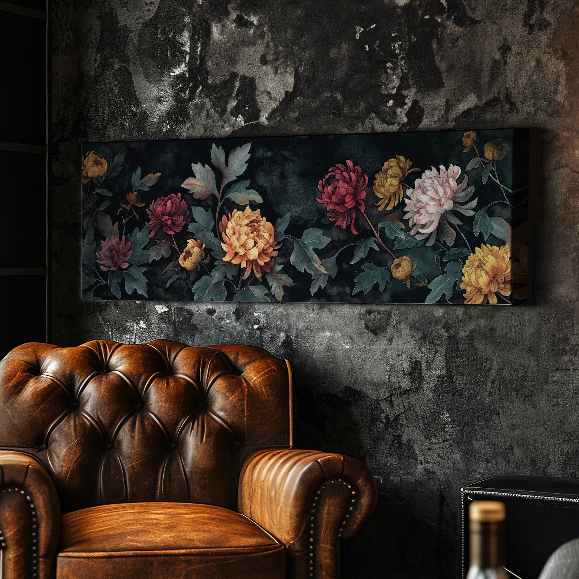 Chrysanthemums Above Bed Wall Art Muted Color, Panoramic Floral Canvas Print, Renaissance Long Horizontal Canvas Art