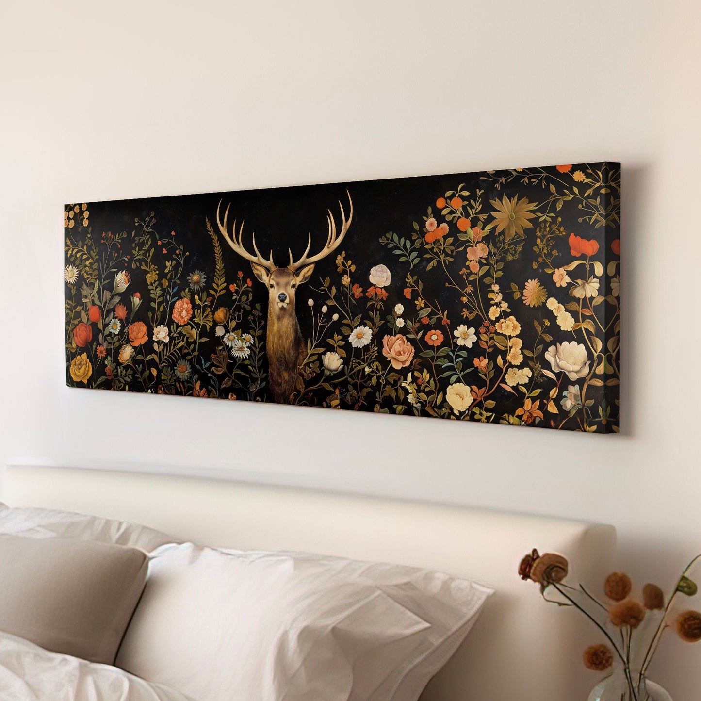 Deer In The Forest Above Bed Wall Art Wildlife, Panoramic Floral Canvas Print, Antlers Long Horizontal Canvas Art