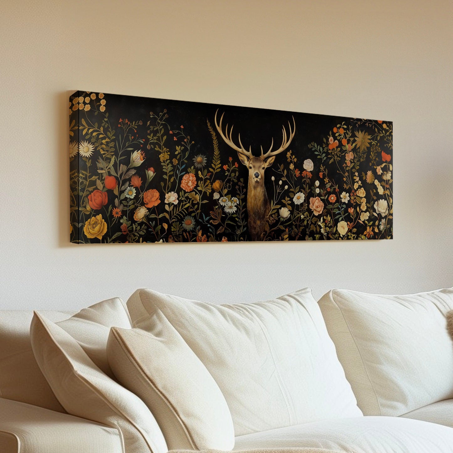 Deer In The Forest Above Bed Wall Art Wildlife, Panoramic Floral Canvas Print, Antlers Long Horizontal Canvas Art