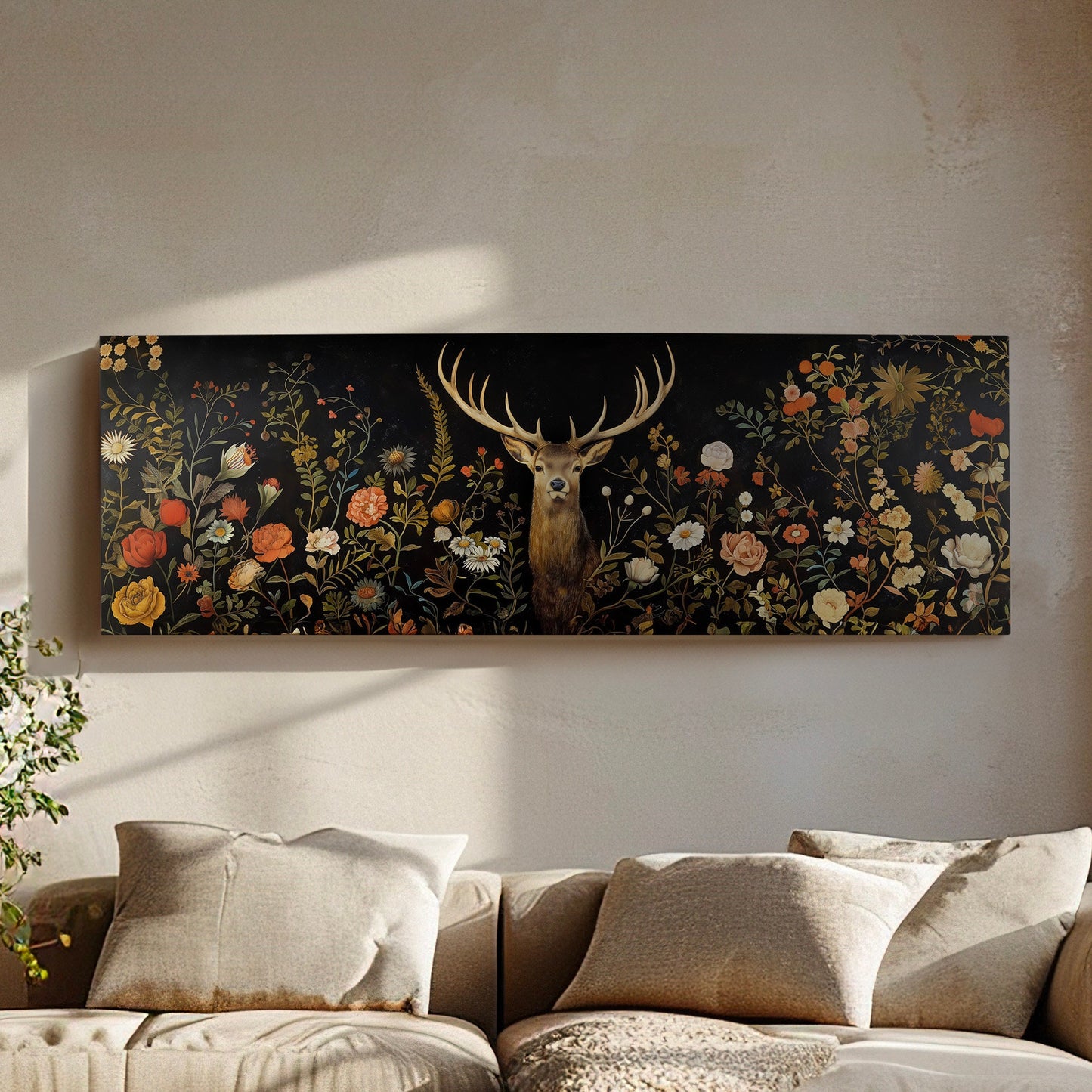 Deer In The Forest Above Bed Wall Art Wildlife, Panoramic Floral Canvas Print, Antlers Long Horizontal Canvas Art