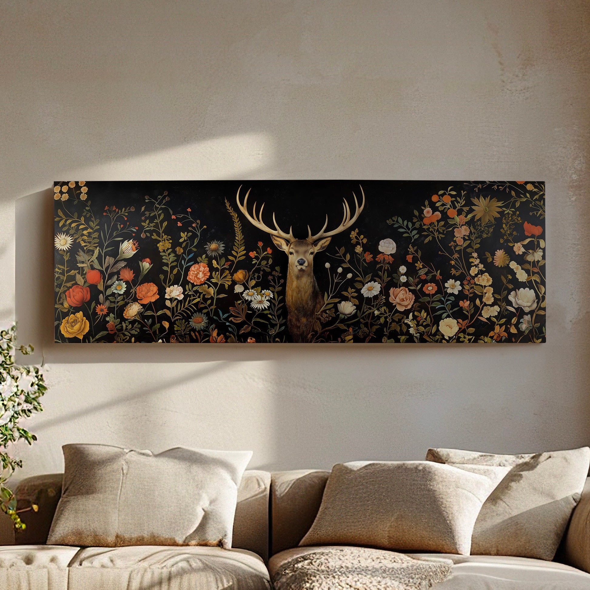 Deer In The Forest Above Bed Wall Art Wildlife, Panoramic Floral Canvas Print, Antlers Long Horizontal Canvas Art