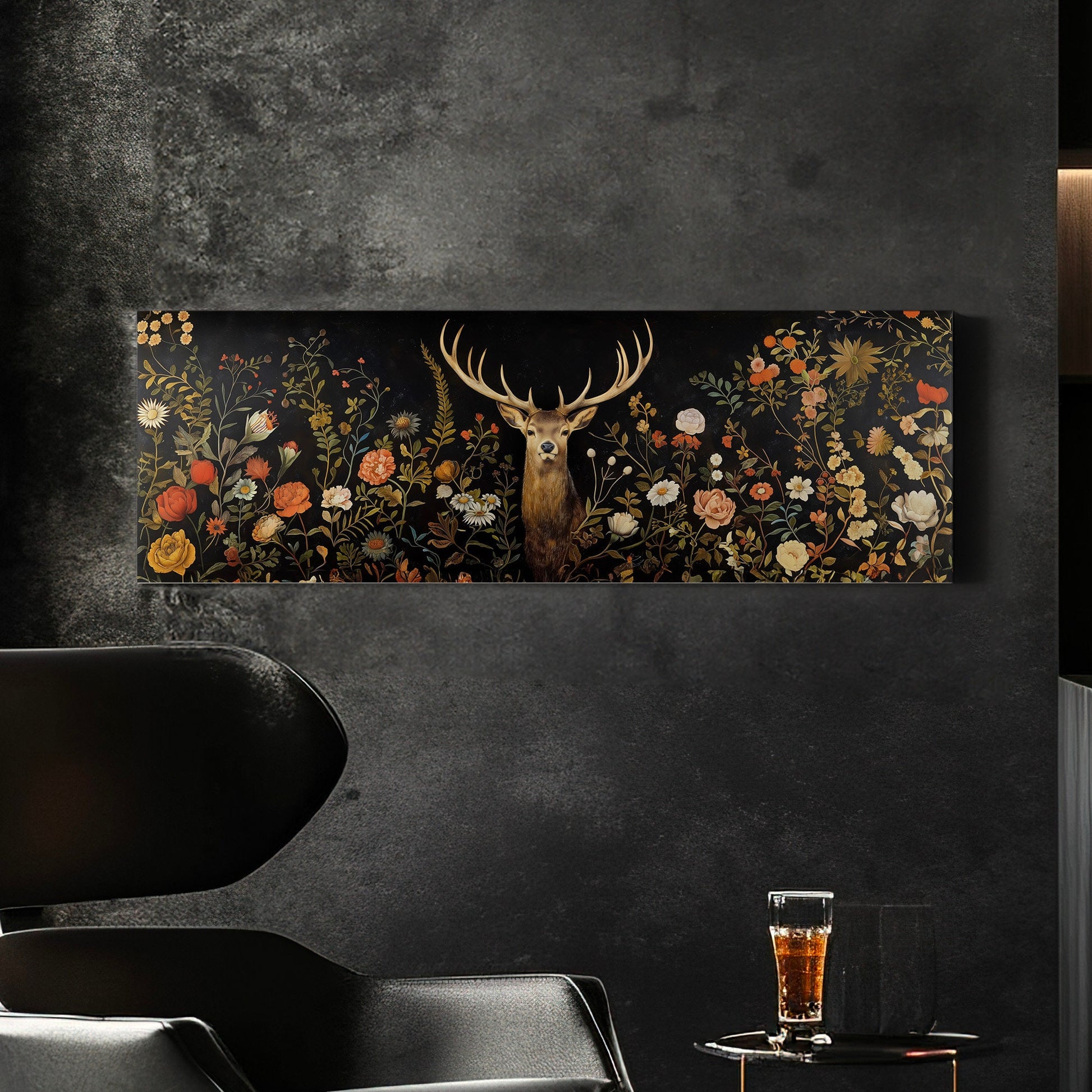 Deer In The Forest Above Bed Wall Art Wildlife, Panoramic Floral Canvas Print, Antlers Long Horizontal Canvas Art